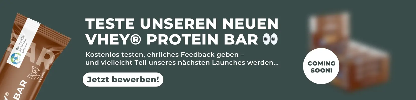 Promotion for VHEY® Protein Bar with a call to action for testing and providing feedback.