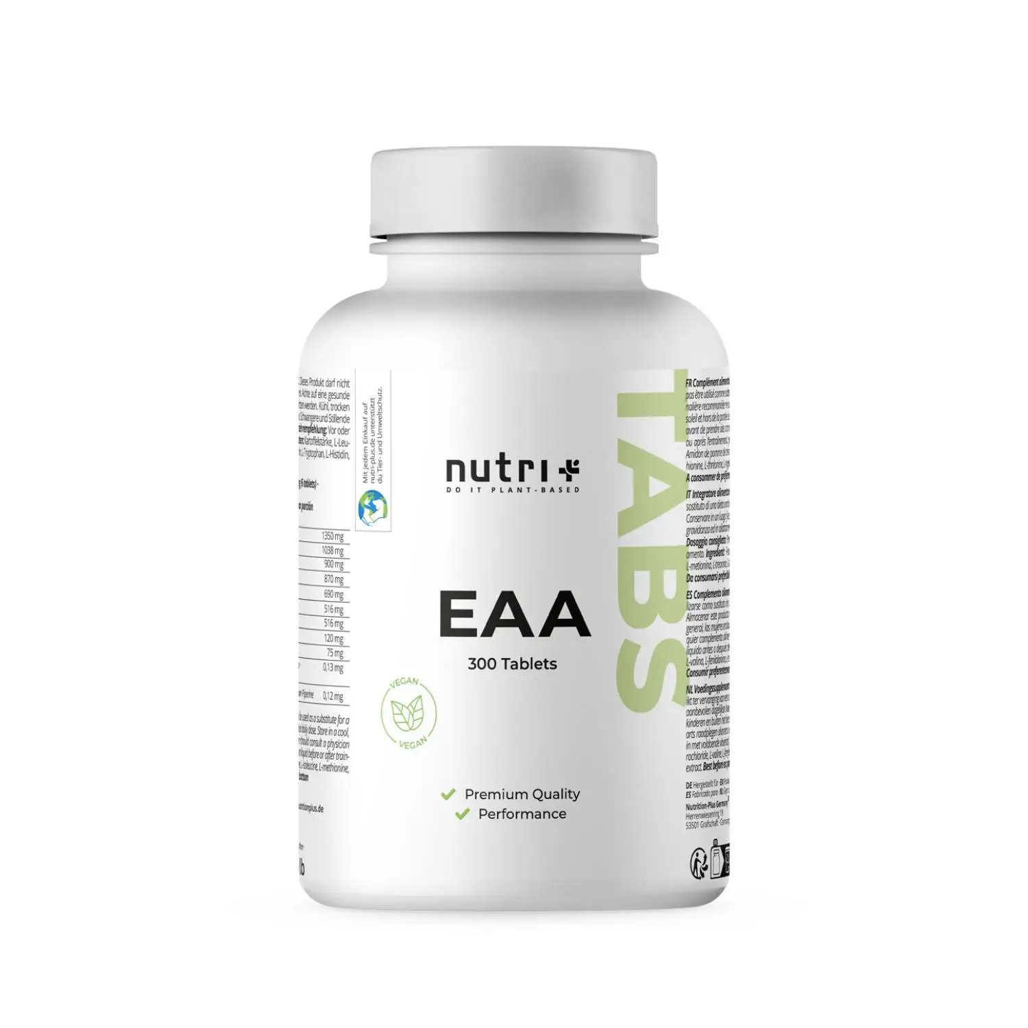Verpackung der EAA Tabletten mit 300 Tabletten von nutri+, für Premium-Qualität und Leistung.
