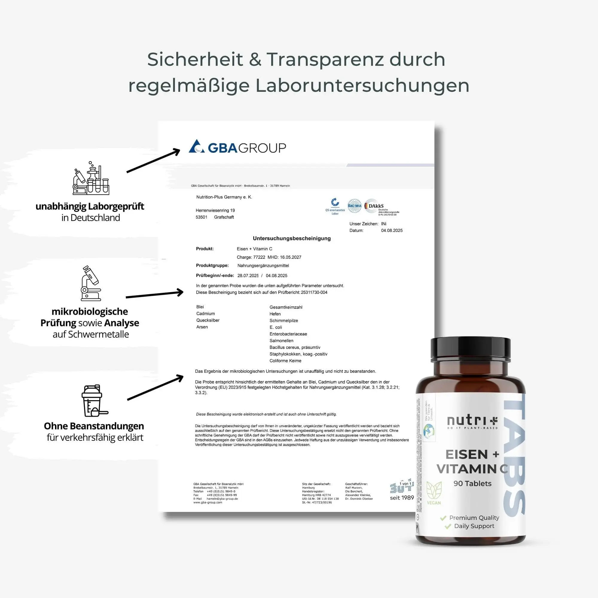 Eisen + Vitamin C Tabletten mit Labortests zur Qualitätssicherung und Transparenz.