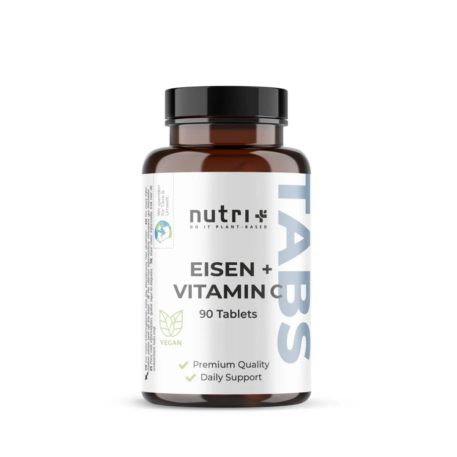 Eisen + Vitamin C Tabletten in braunem Glasbehälter mit 90 Tabletten, vegan und hochwertig.