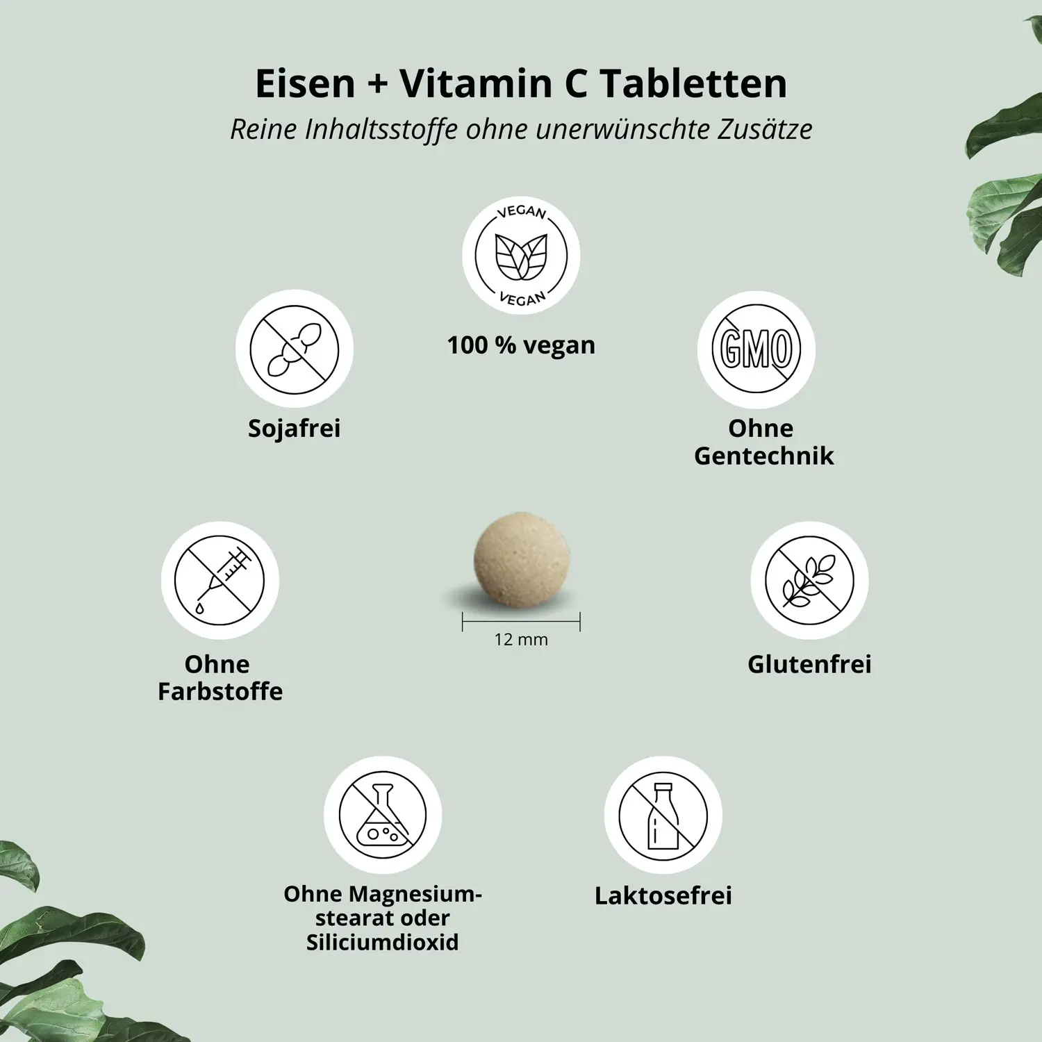 Eisen + Vitamin C Tabletten: Übersicht der veganen Inhaltsstoffe ohne Gentechnik, Farb- und Zusatzstoffe.