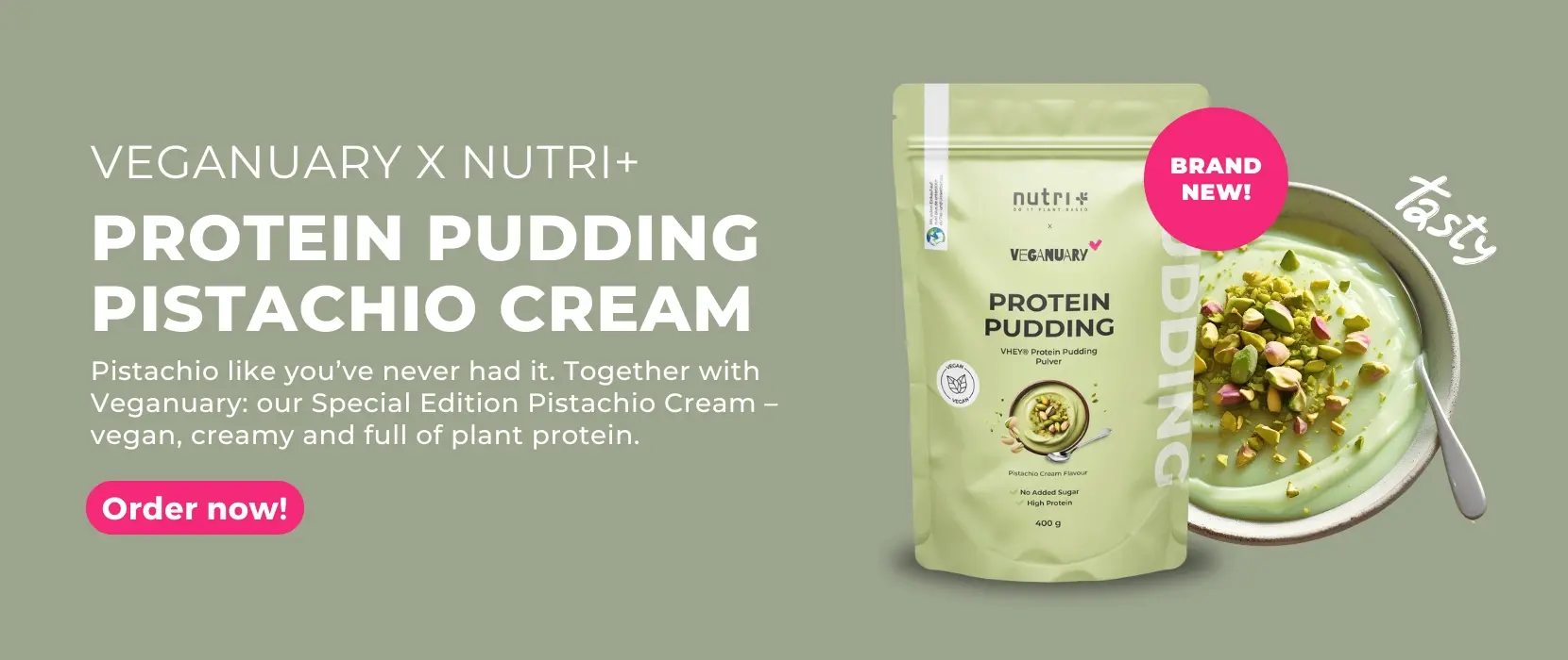 Nutri+ Protein Pudding Pistachio Cream package, vegan and creamy with pistachio topping.