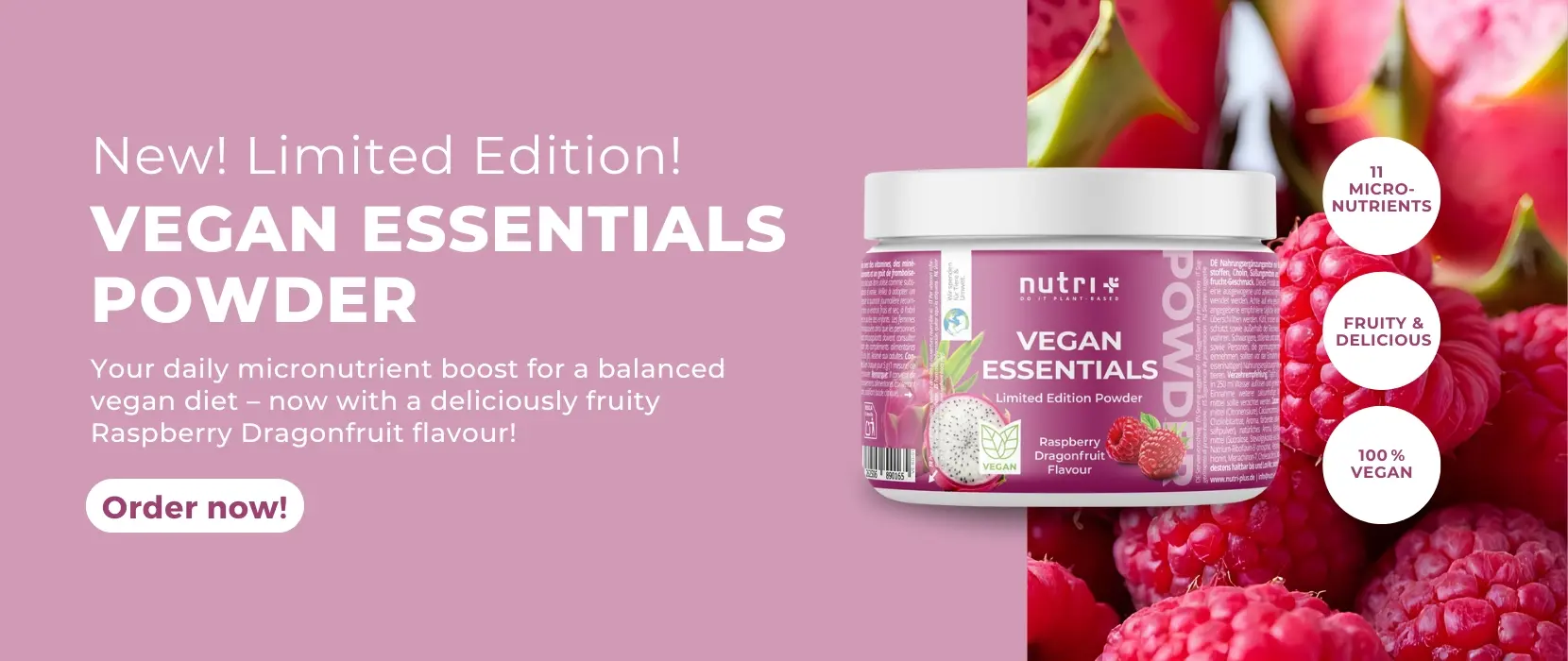 Nutri Vegan Essentials Powder in Raspberry Dragonfruit flavour for a balanced vegan diet, new limited edition.