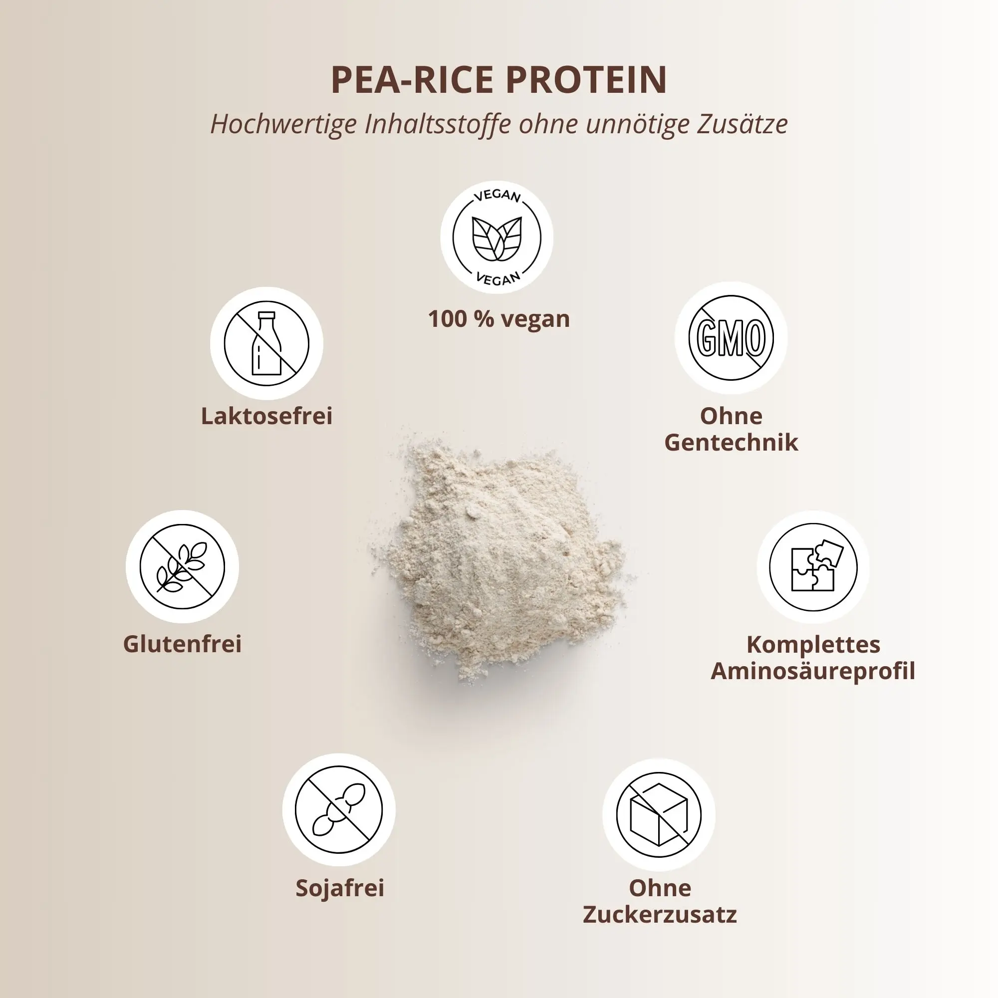 Pea-Rice Proteinpulver Chocolate Brownie in neutraler Aufmachung mit Symbolen für Veganer, gluten- und laktosefrei.
