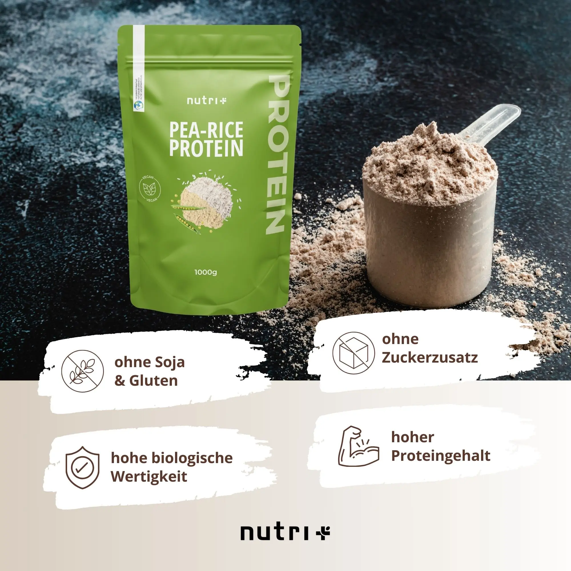 Pea-Rice Proteinpulver Chocolate Brownie in Verpackung mit Messlöffel und Nährwertinformationen.
