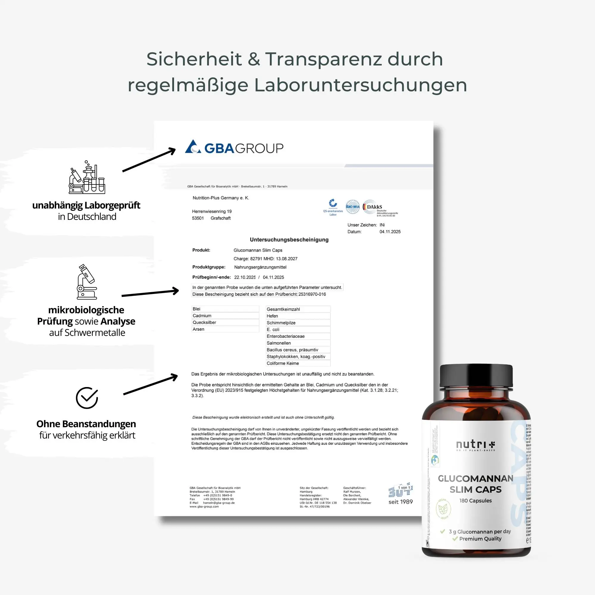 Glucomannan - Slim Caps mit Labortest-Zertifikat für Sicherheit und Transparenz in der Anwendung.