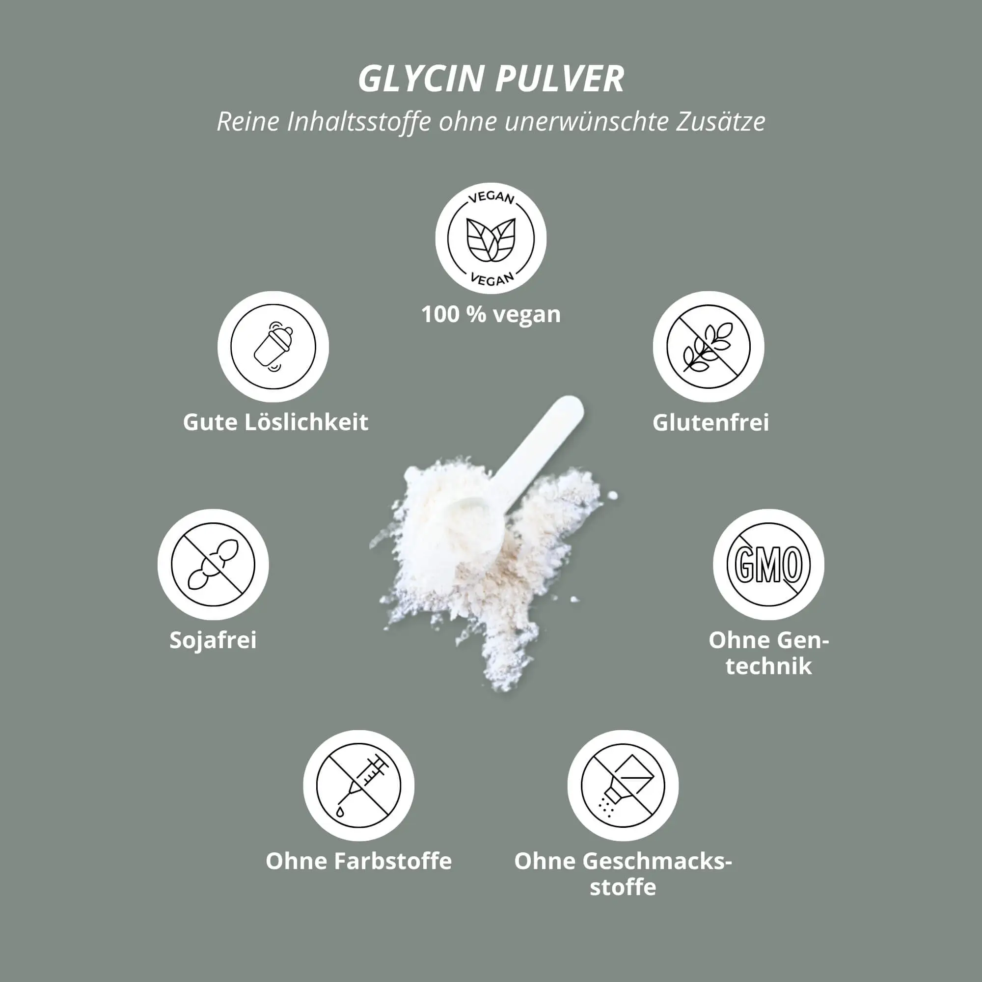 Glycin Pulver 500 g auf grauem Hintergrund mit Icons zu Vorteilen wie vegan, glutenfrei und ohne Zusatzstoffe.