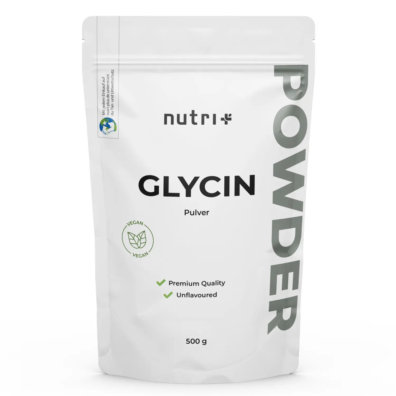 Verpackung von Glycin Pulver in 500 g, unflavoured, mit veganer Qualitätsauszeichnung.