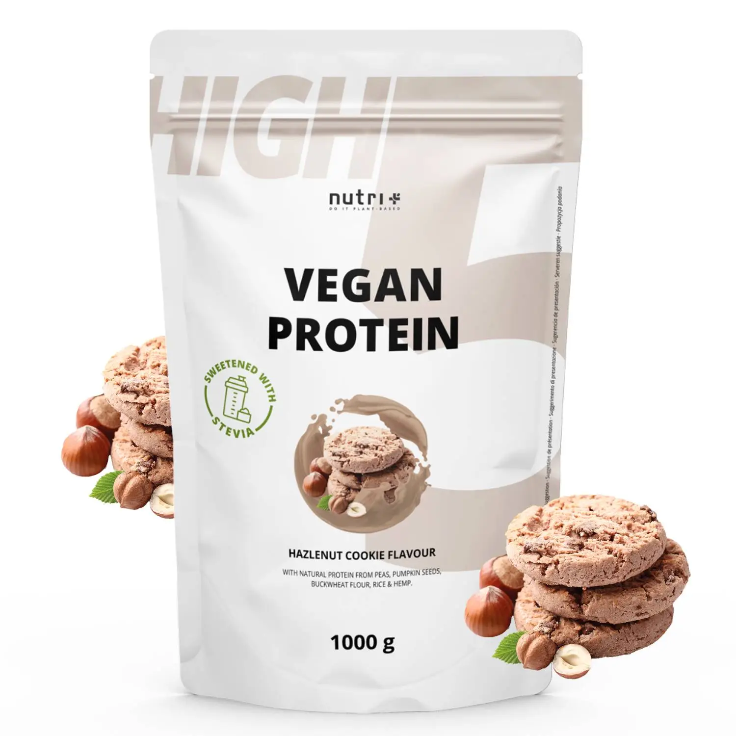 Vegan High 5 Protein Hazelnut Cookie: Verpackung mit Cookies, Haselnüssen und einem schokoladigen Design.