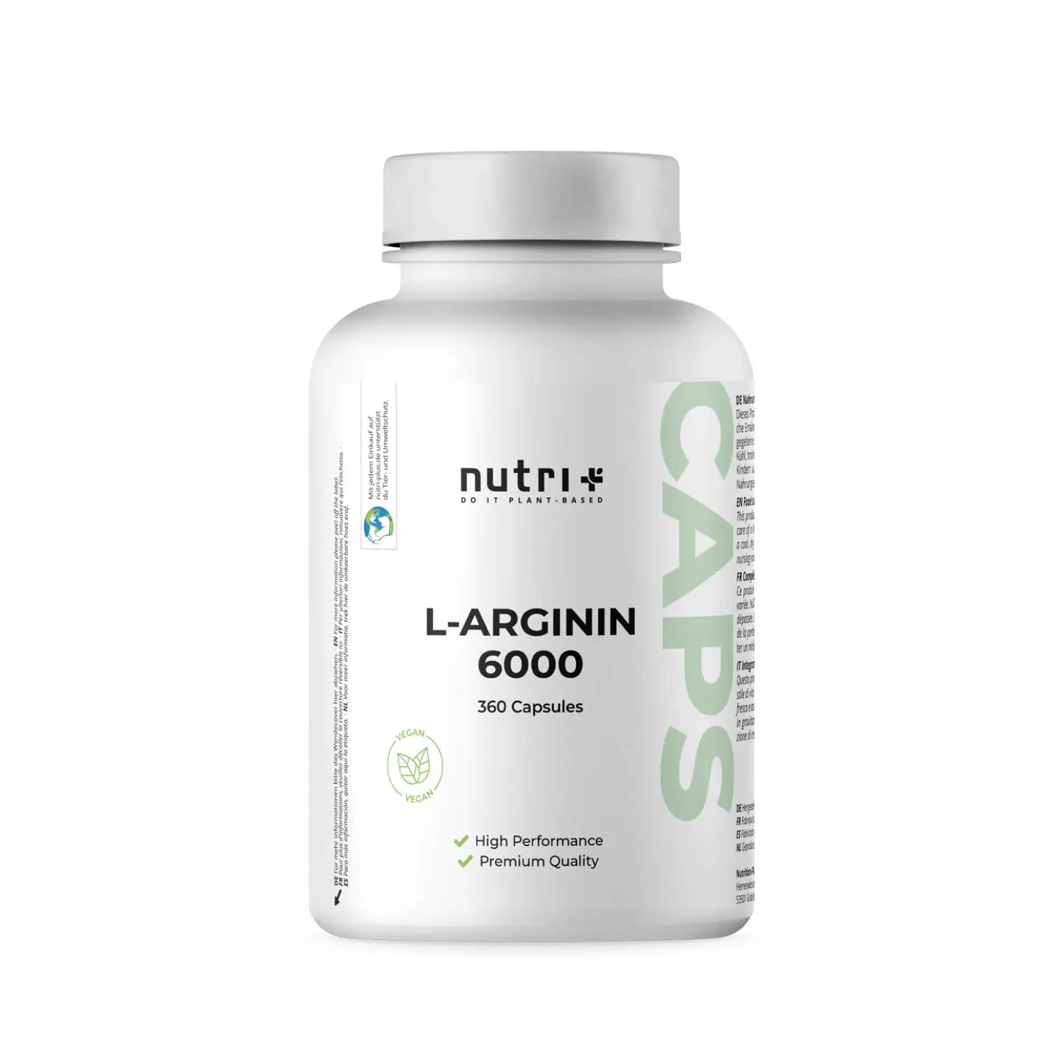 L-Arginin 6000 Kapseln - Arginin Base in weißer Flasche mit 360 Kapseln für hohe Leistung und Premium-Qualität.