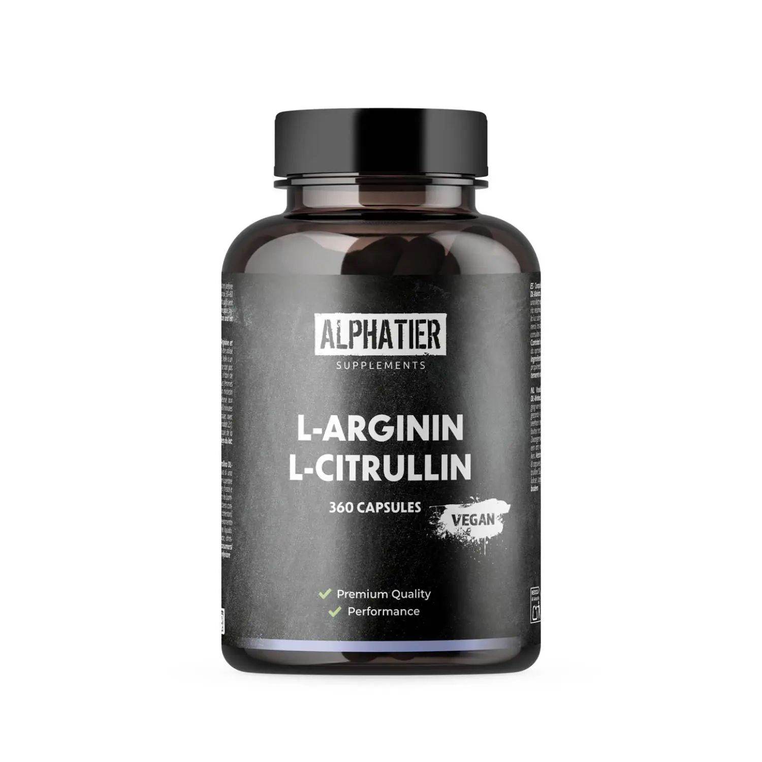 Flasche mit Alphatier L-Arginin L-Citrullin Kapseln: 360 Vegankapseln für Premiumqualität und Leistung.