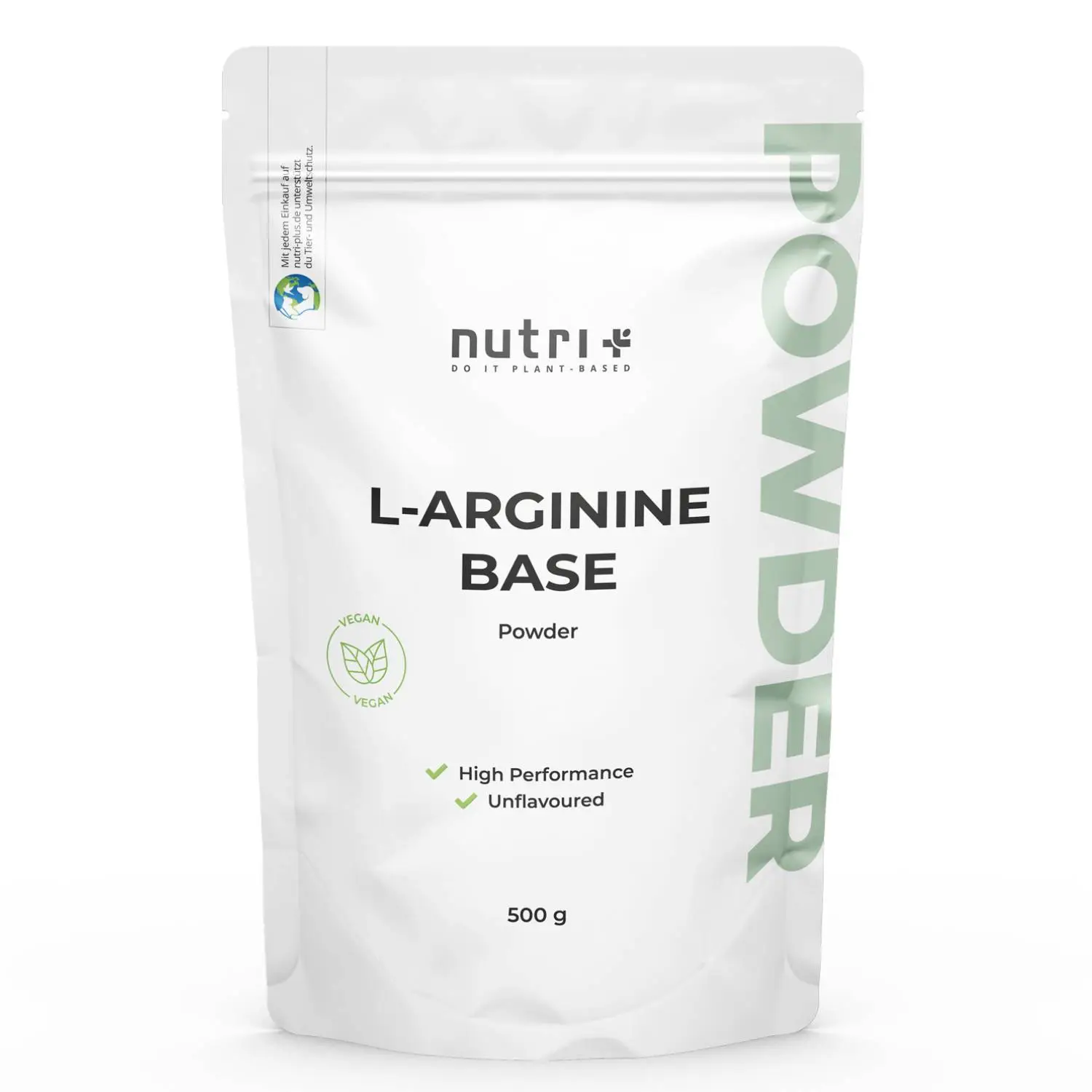 L-Arginin Base Pulver 500g in einem grünen und weißen Verpackungsbeutel für Nahrungsergänzungsmittel.