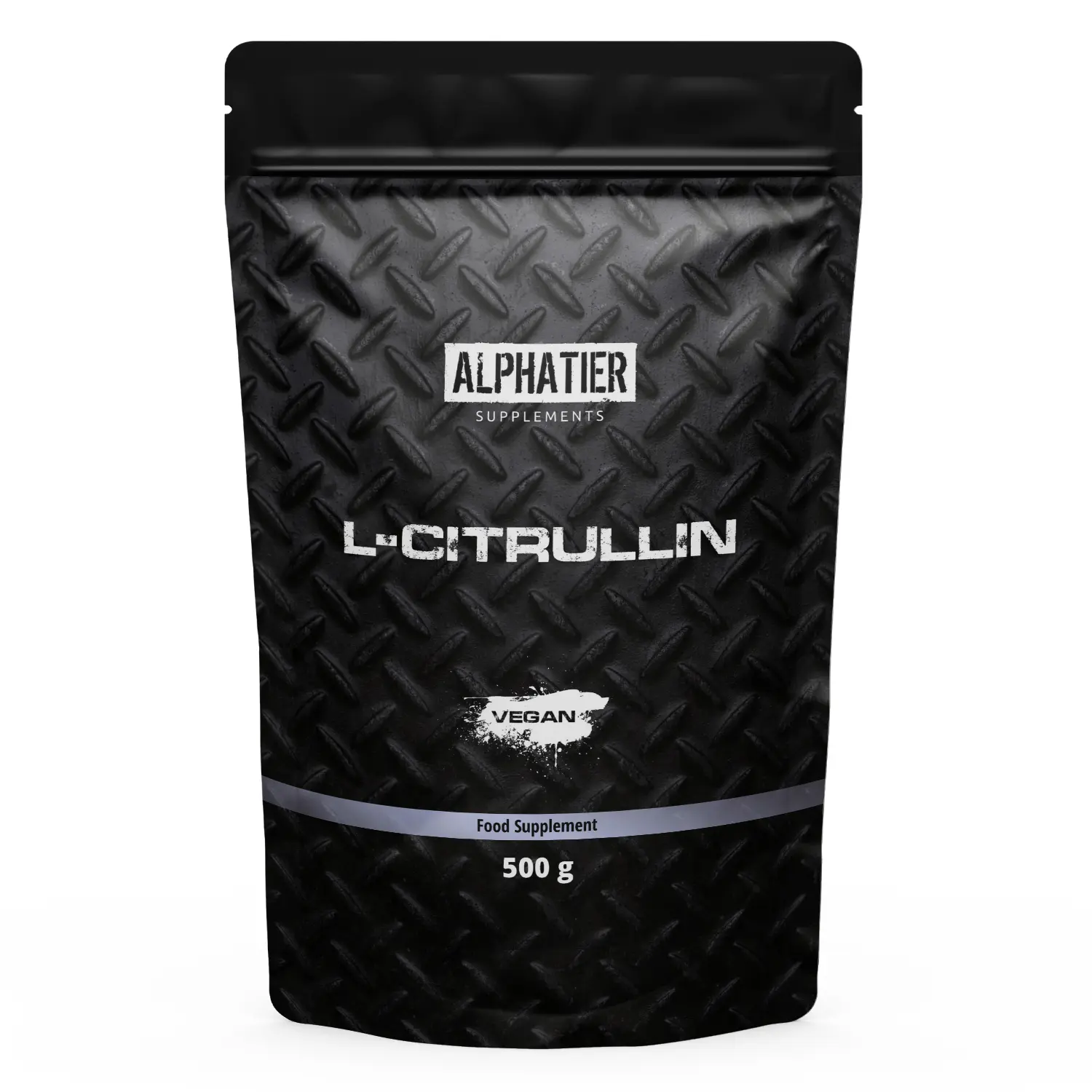 Alphatier L-Citrullin Pulver in schwarzer Verpackung, vegan, 500 g für Nahrungsergänzung.