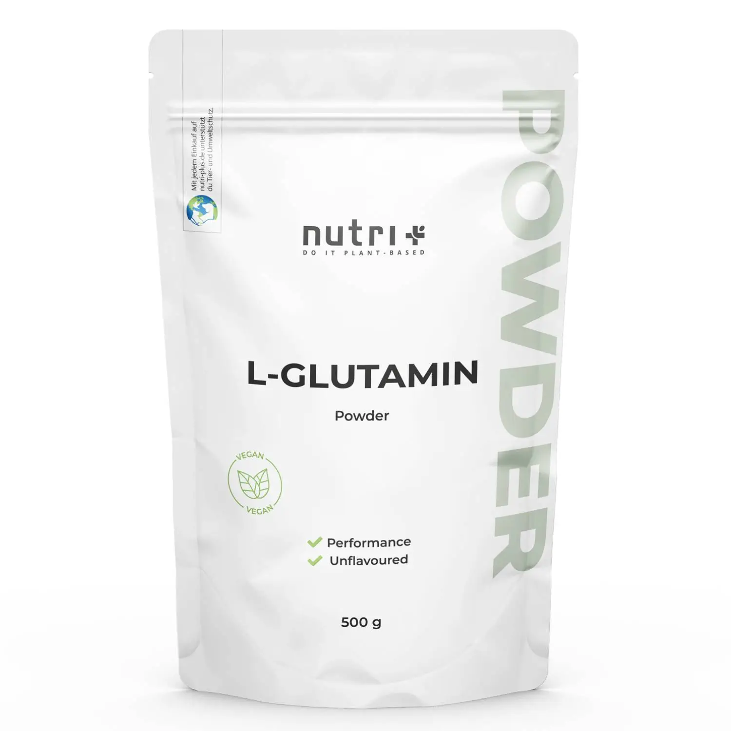 Verpackung von L-Glutamin Pulver (500 g) in umweltfreundlichem Beutel mit klarer Beschriftung.