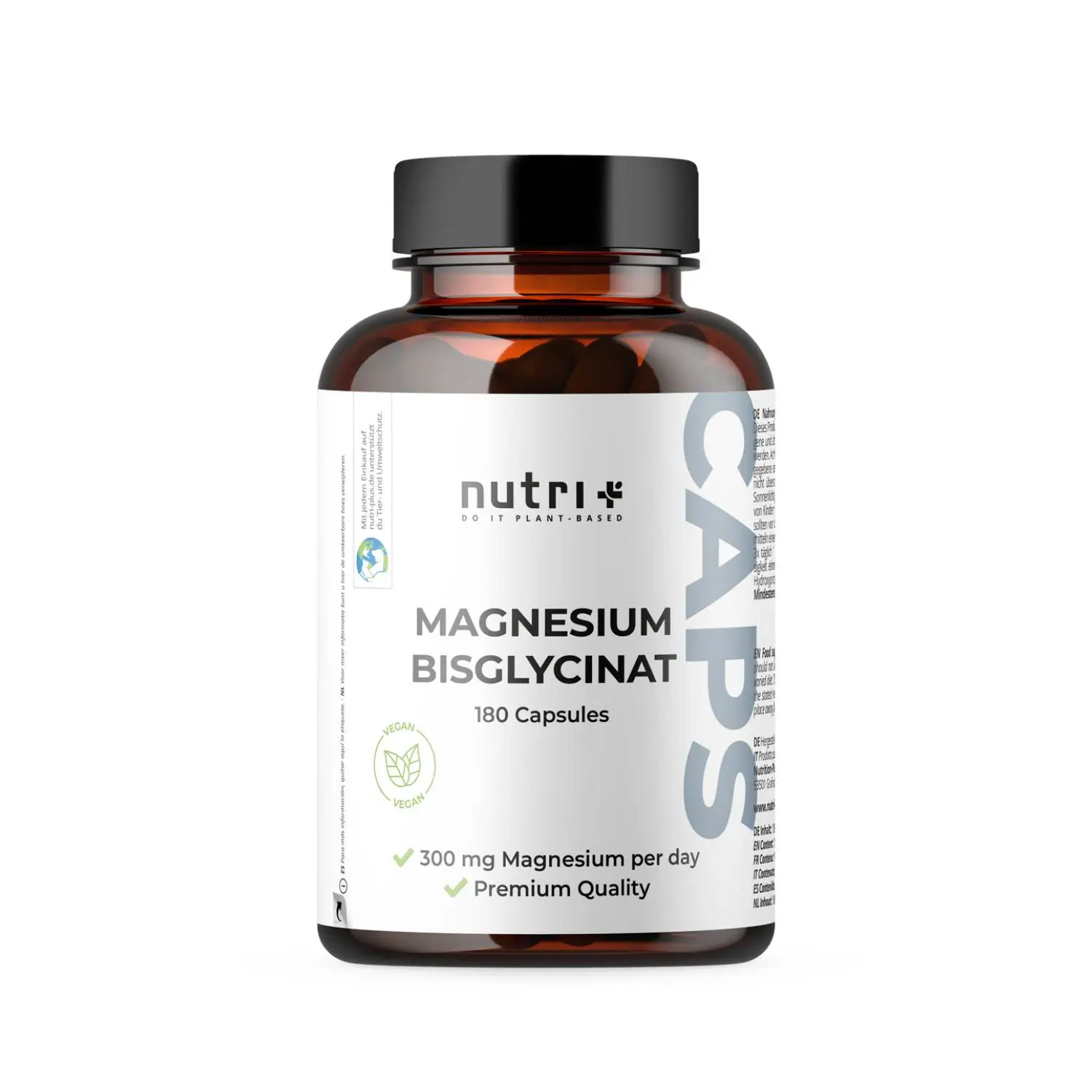 Flasche mit Magnesium Bisglycinat Kapseln, 180 Stück, 300 mg pro Tag, hochwertige vegane Nahrungsergänzung.