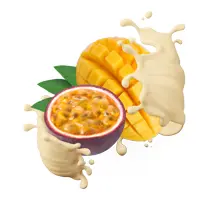 Tropische Früchte: Passionsfrucht und Mango mit spritzender milchiger Flüssigkeit.