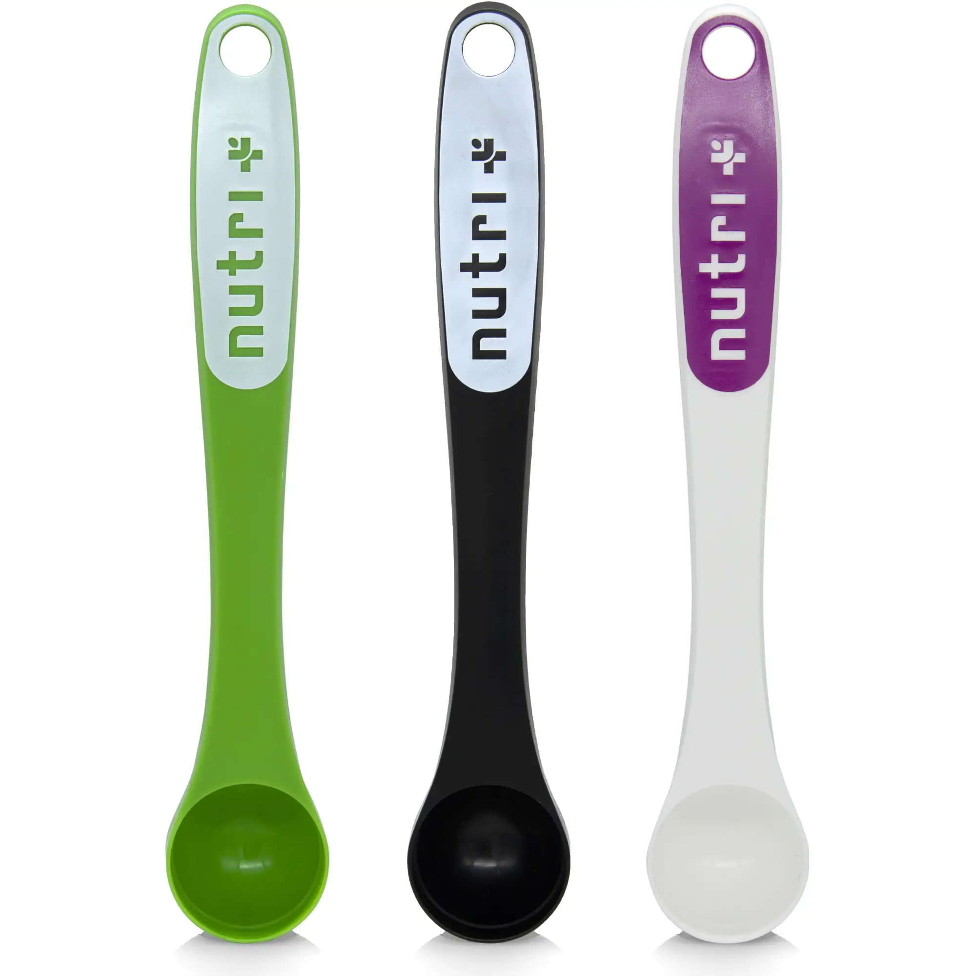 Set von Dosierlöffeln in Grün, Schwarz und Weiß mit Nutri-Logo für präzises Portionieren.