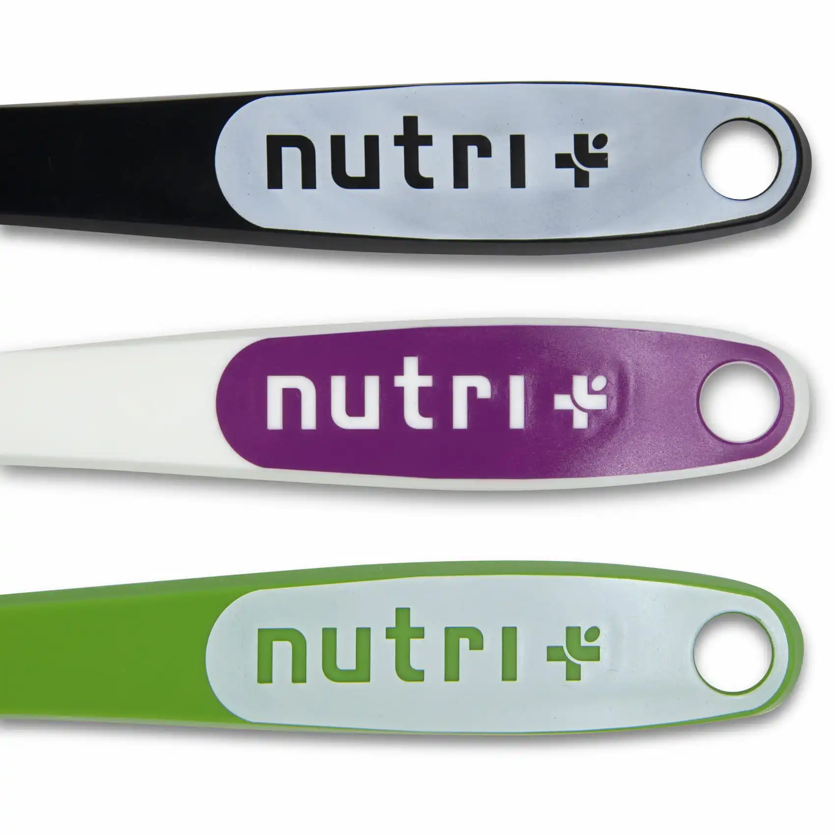 Detailansicht des Dosierlöffels Grün-Weiß von nutri mit ergonomischem Design und leuchtenden Farben.