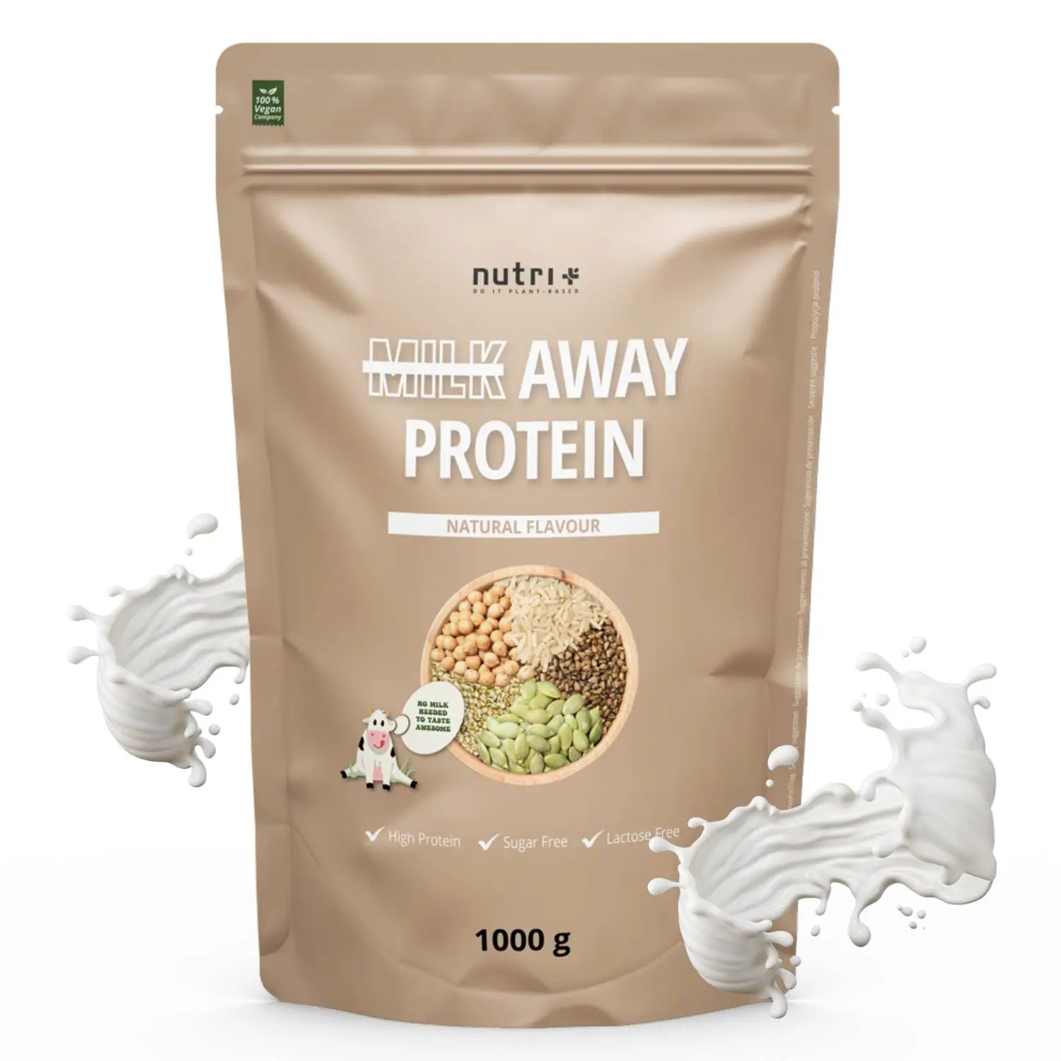 Milchfrei Proteinpulver Milk Away Protein Natural in 1000g Verpackung mit natürlichen Inhaltsstoffen.