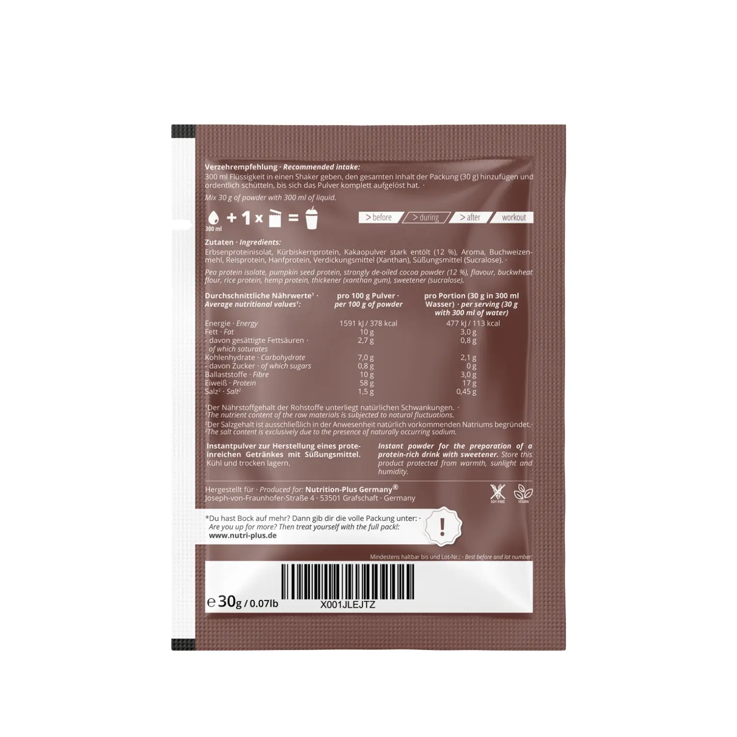 Rückansicht der Verpackung von Probe Milk Away Protein Chocolate Brownie mit Nährwertangaben.