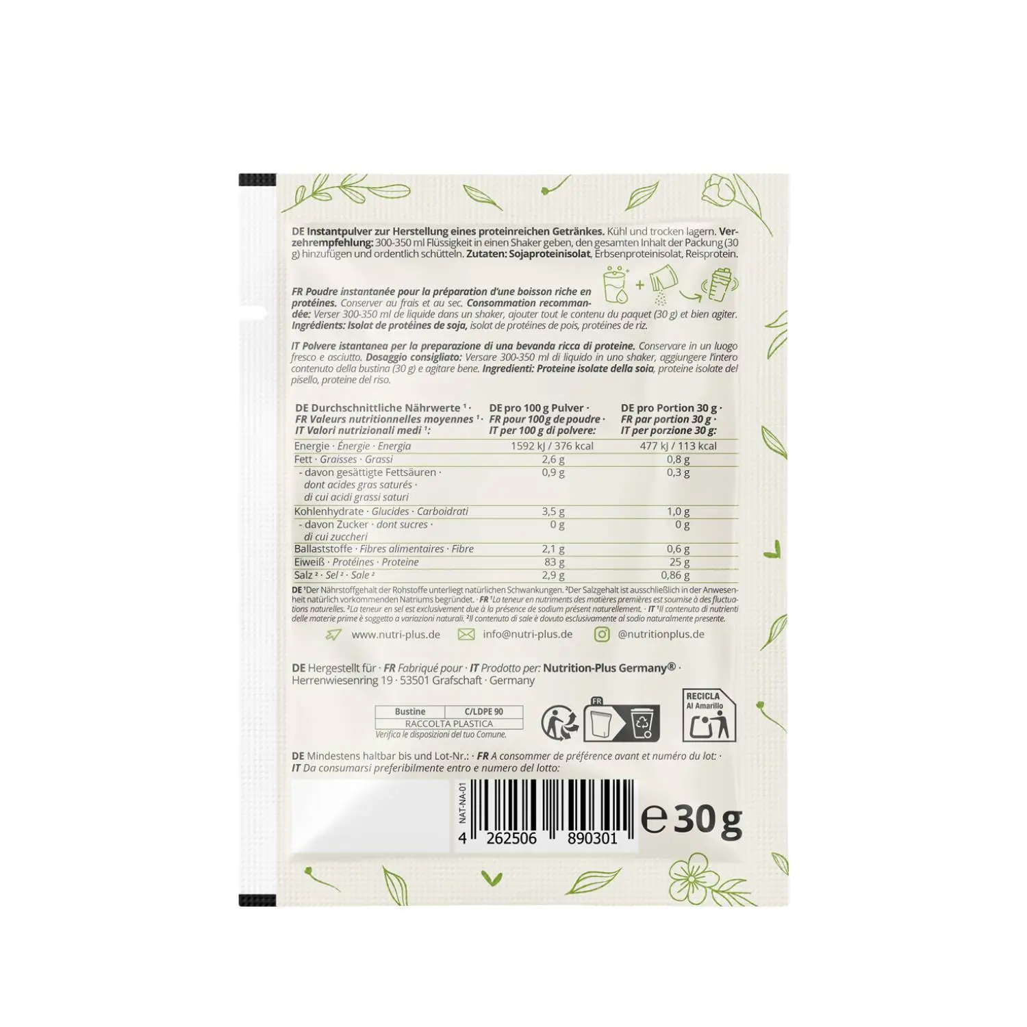 Rückseite der Vegan Natures Proteinpulver Probe Natural mit Nährstoffinformation und Zutatenliste.