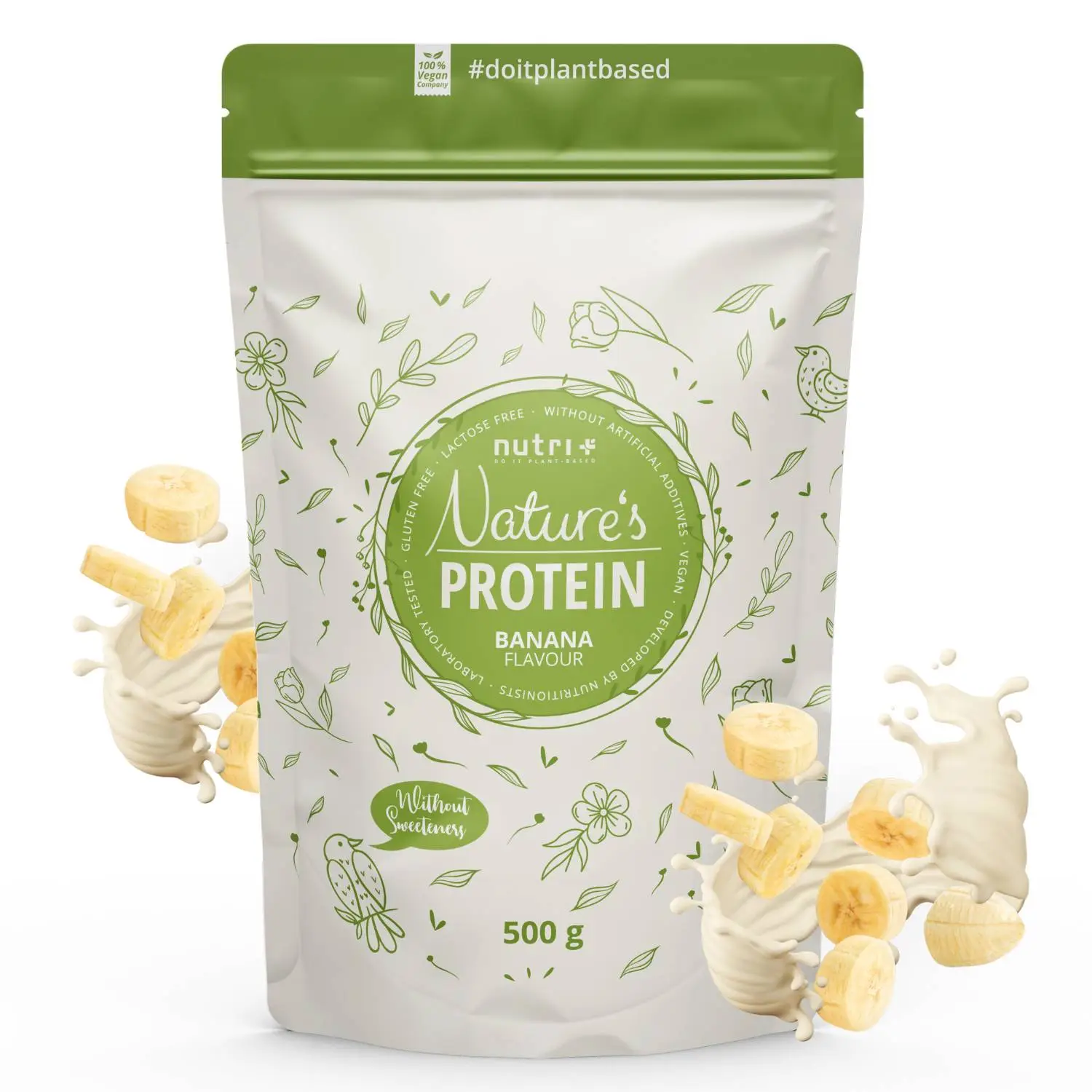 Verpackung des Vegan Natures Proteinpulvers Banana mit Bananenstücken und pflanzlichem Design.