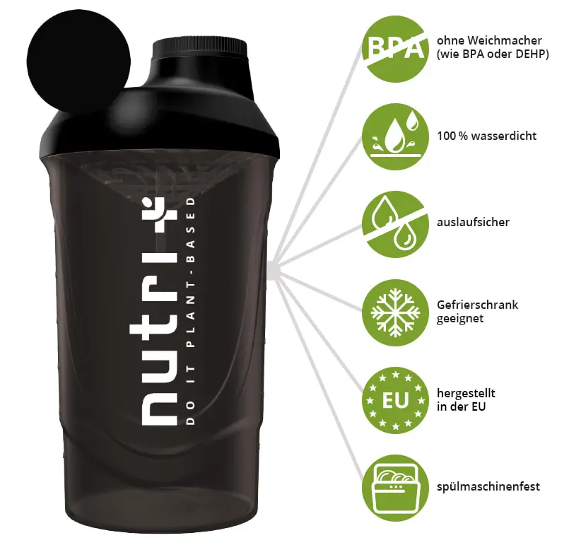 Shaker nutri+ (black-smoked) in Schwarz mit BPA-freiem Design, auslaufsicher und spülmaschinenfest.