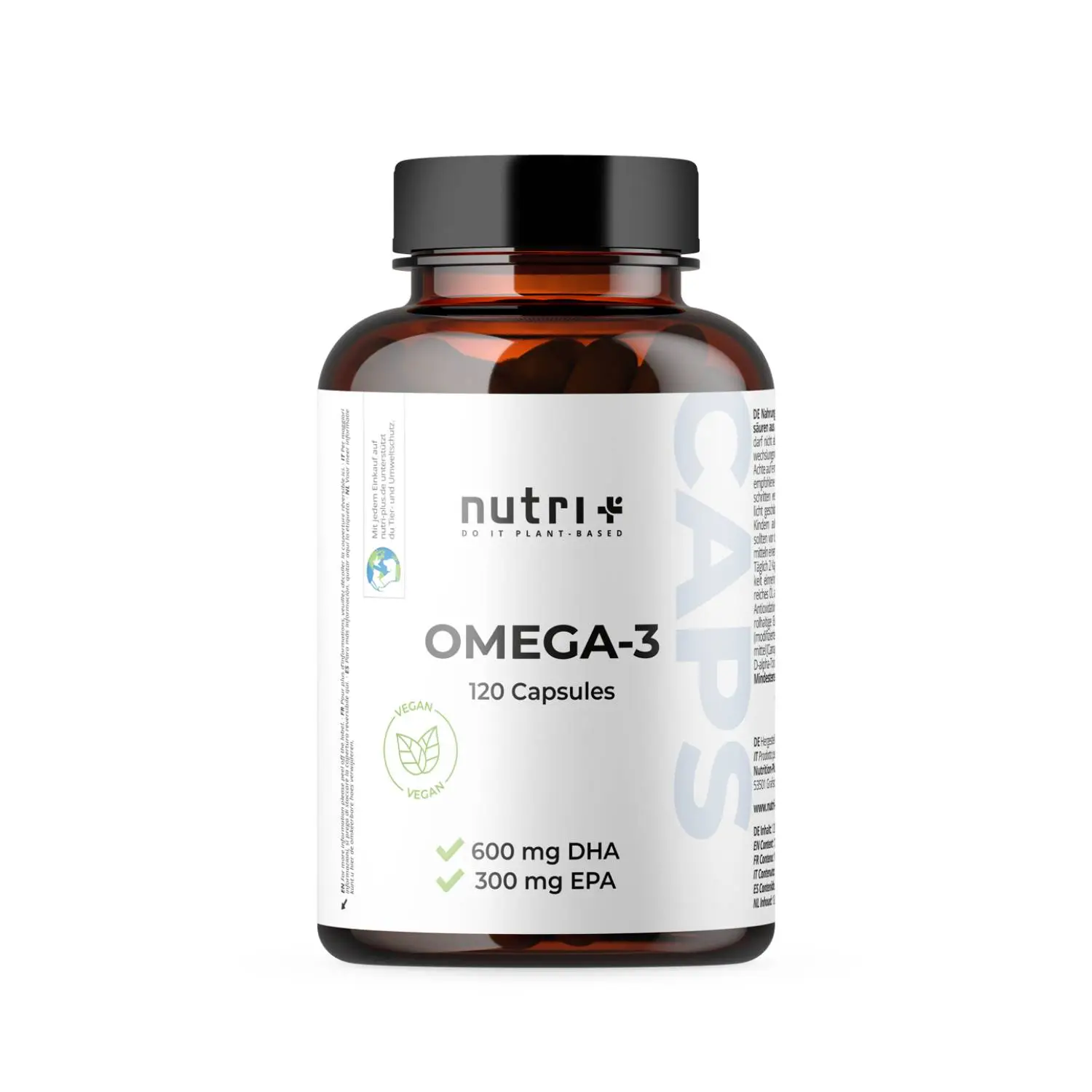 Flasche mit Omega 3 Vegan - 120 Kapseln, enthält 600 mg DHA und 300 mg EPA.