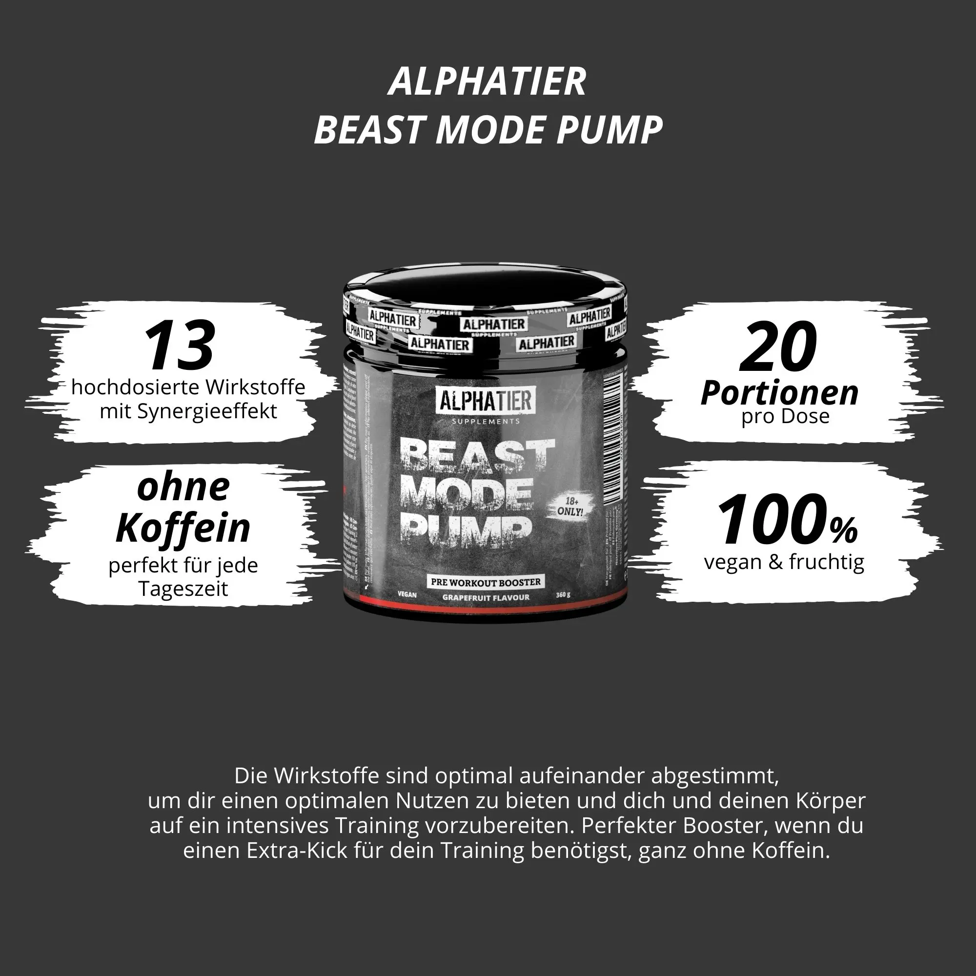 Alphatier Beast Mode Pump Booster Dose mit 20 Portionen, 13 Wirkstoffen, 100% vegan und fruchtig.