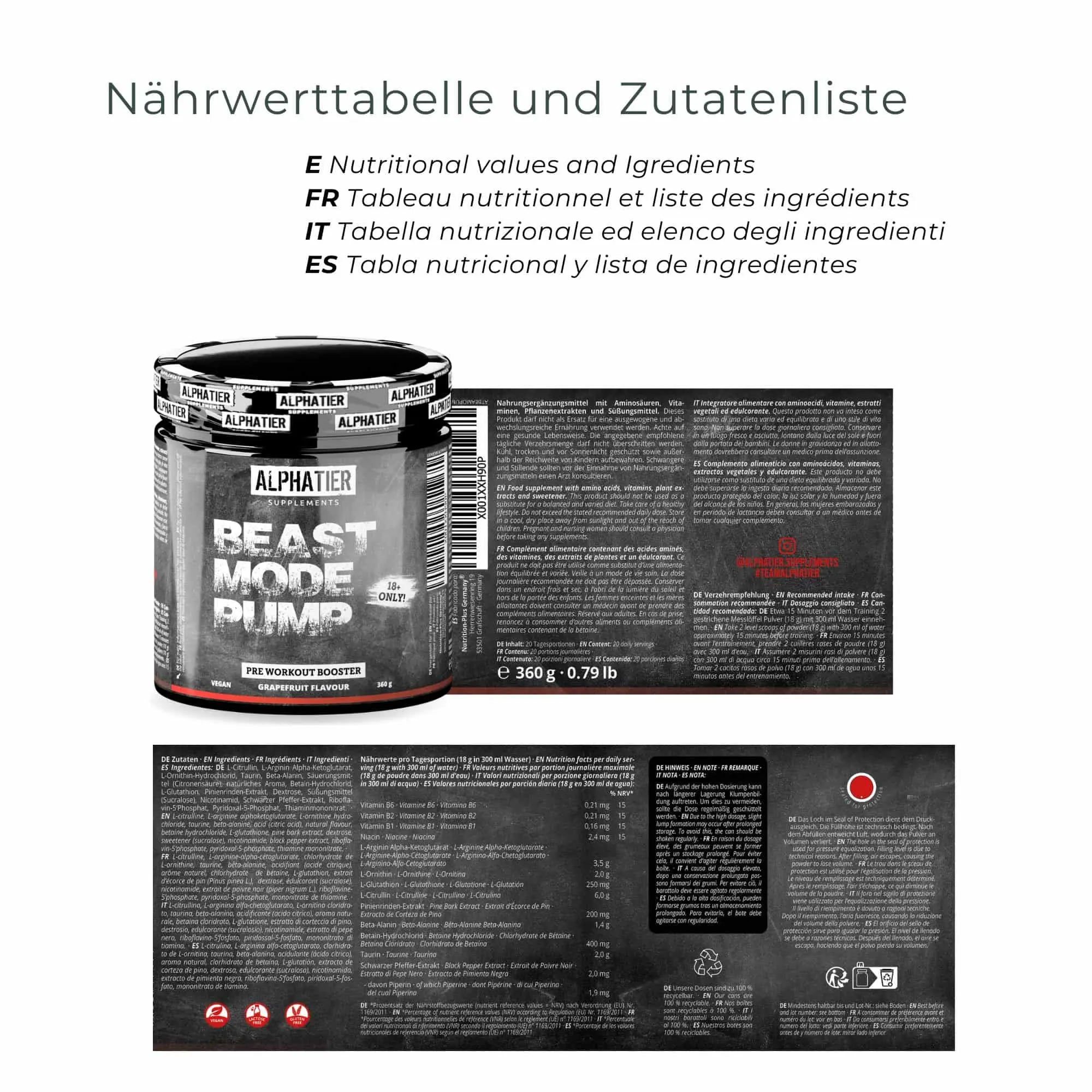 Nährwerttabelle und Zutatenliste für den Alphatier Beast Mode Pump Booster in einer Produktverpackung.