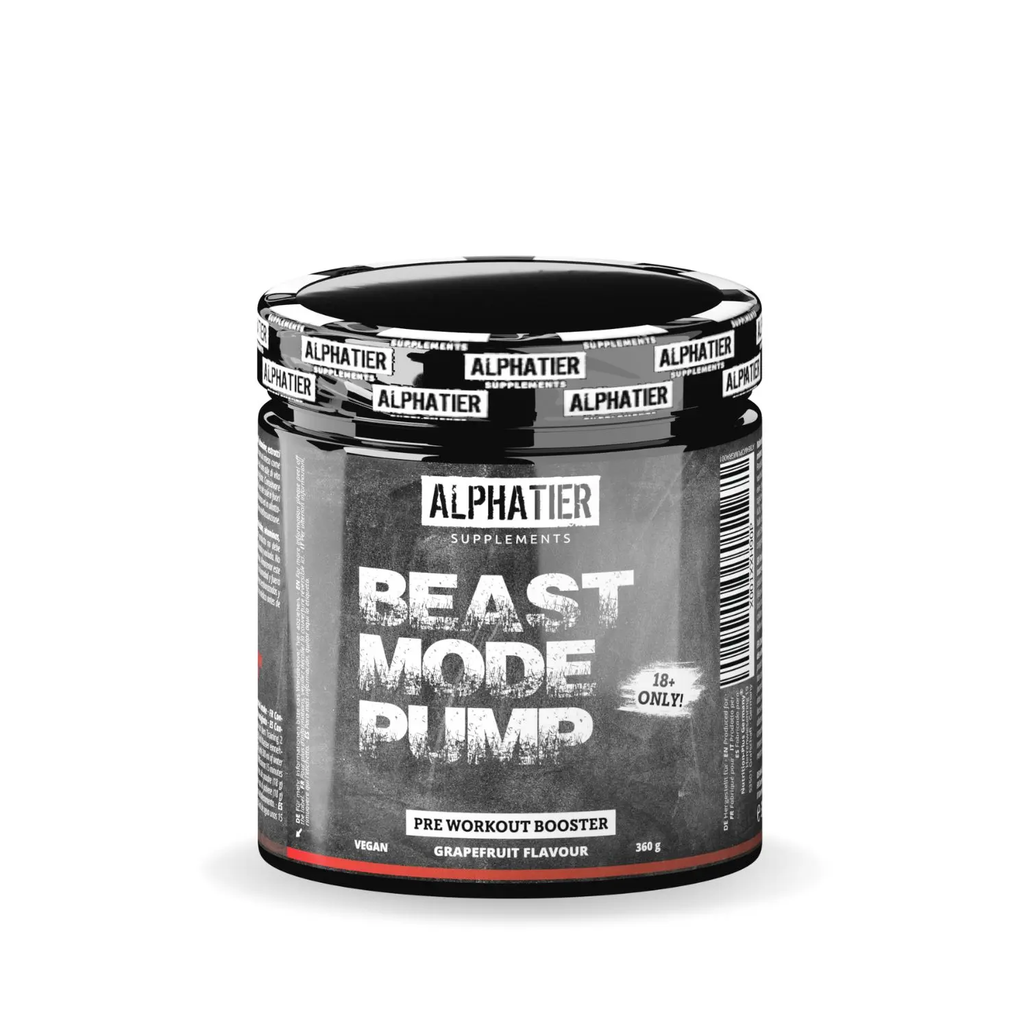 Alphatier Beast Mode Pump Booster in der grauen Dose, Pre-Workout-Shake mit Grapefruitgeschmack.