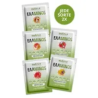 Set von 5 nutra EAAMINOS Portionen in verschiedenen Sorten, jede Sorte zwei Mal enthalten.