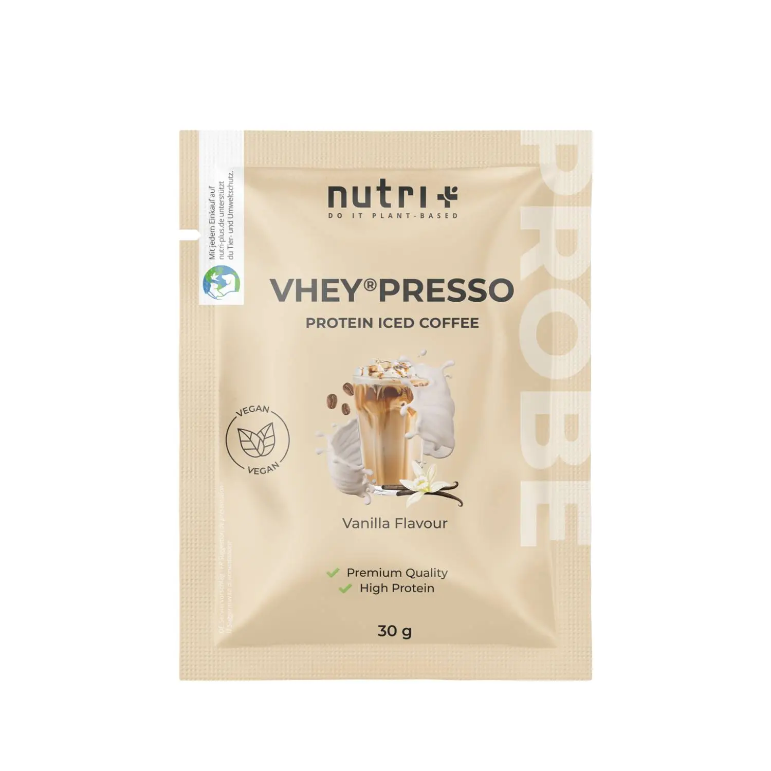 VHEY®presso Protein Iced Coffee Probe Vanilla in einer 30g Verpackung mit Vanillegeschmack.