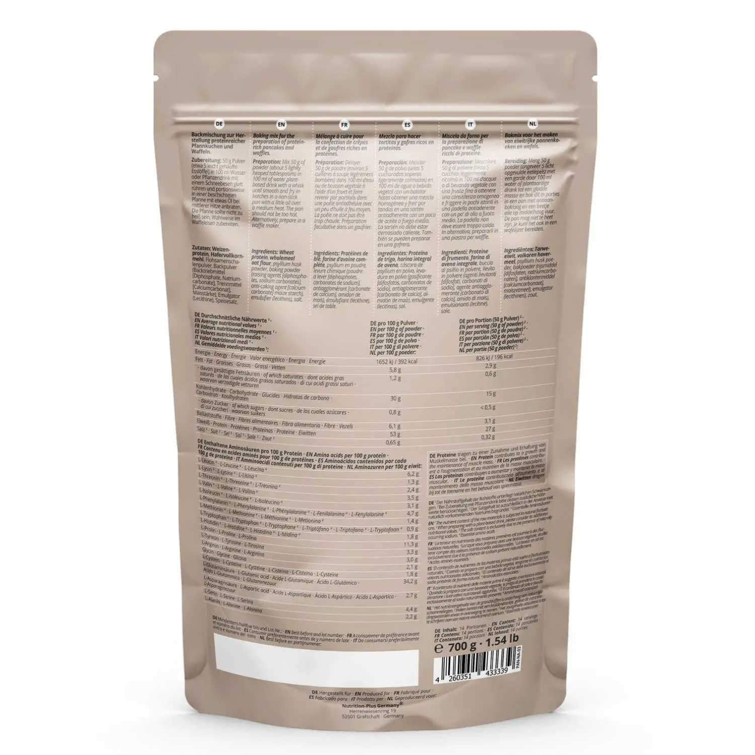 Rückansicht der Verpackung des Vegan Protein-Pancakes & Waffle Mix Natural mit Nährwertangaben und Zutaten.
