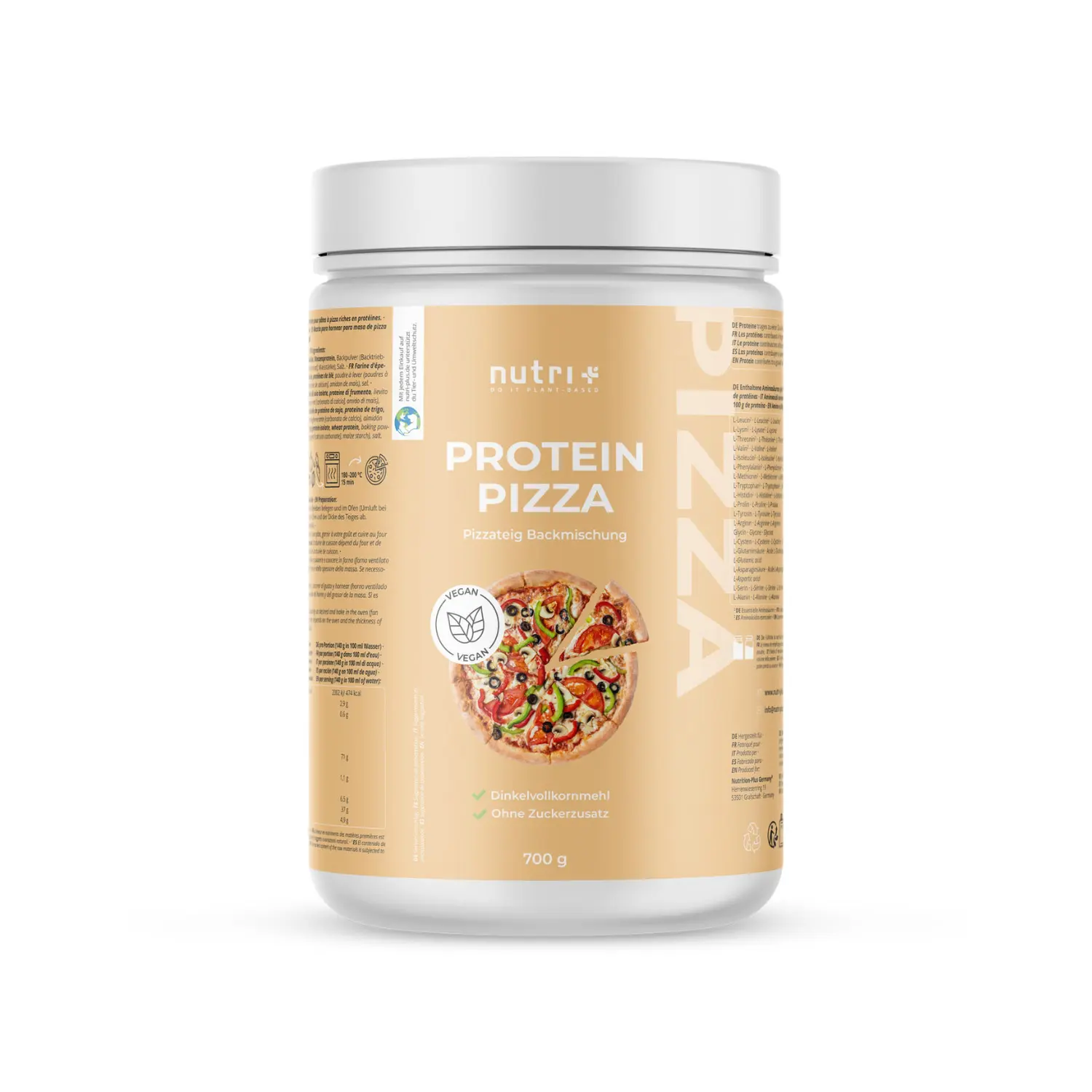 Behälter mit Protein-Pizzateig von Nutril mit Nährwertangaben und ansprechendem Pizza-Design.