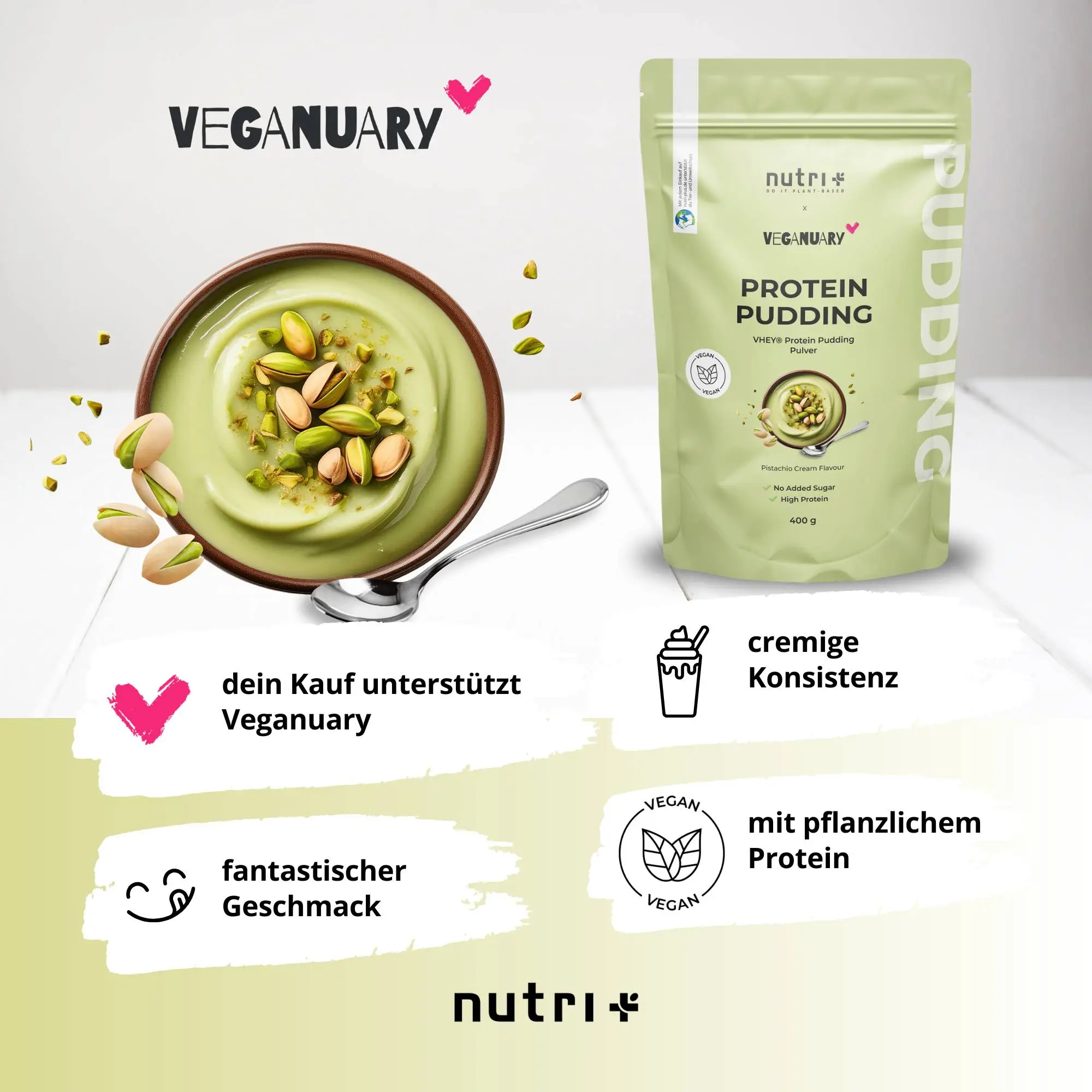 Protein-Pudding Pistazie in einer Schüssel mit Pistazienstückchen und Verpackung mit veganen Eigenschaften.