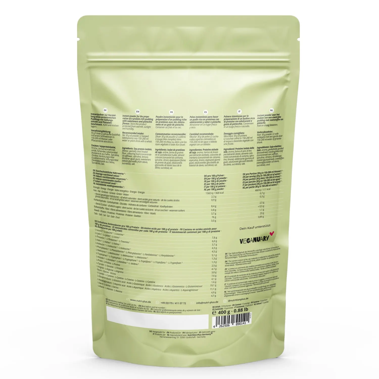 Rückansicht der Verpackung des Protein-Pudding Pistazie mit Nährwertangaben und Zubereitungshinweisen.