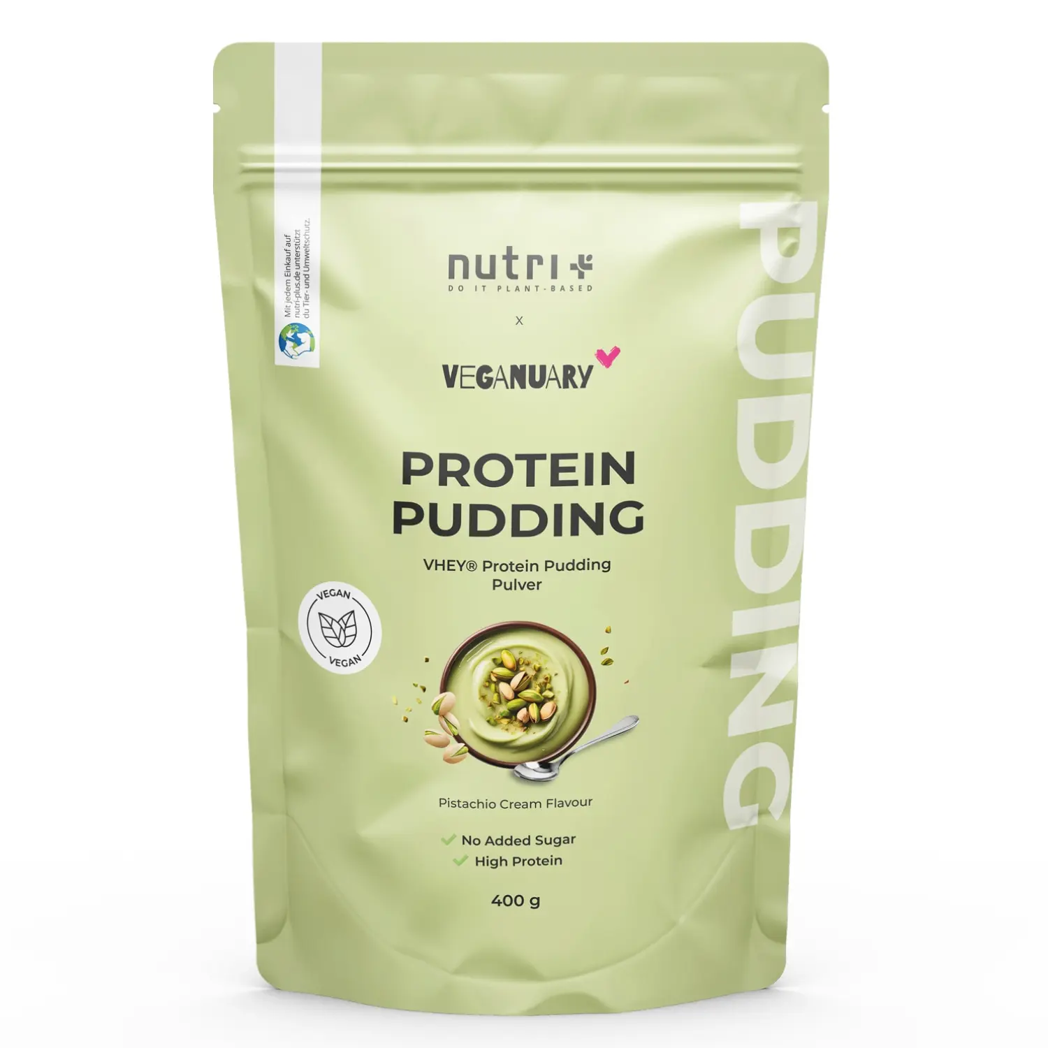 Protein-Pudding Pistazie in umweltfreundlicher Verpackung mit Abbildung der Pistazie und Nährwertangabe.