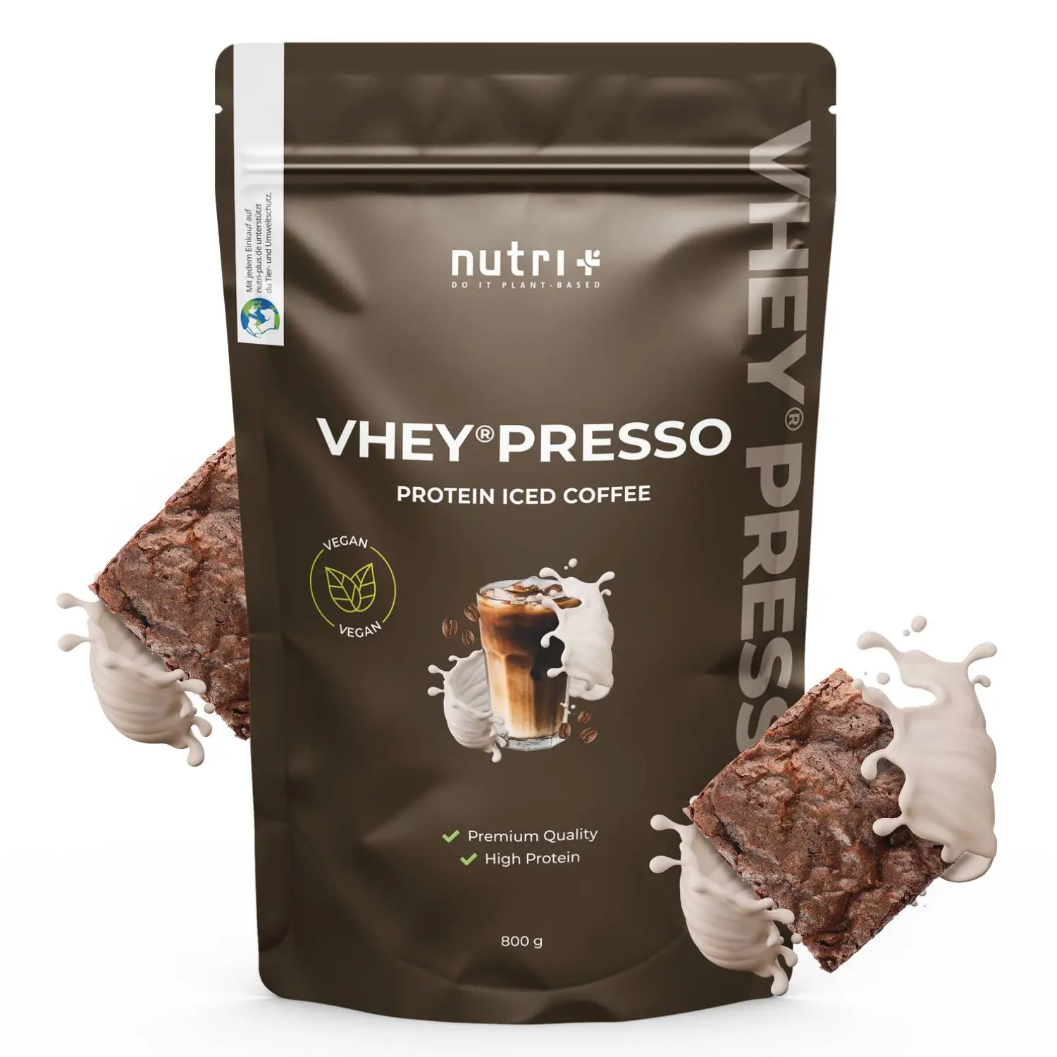 Verpackung des VHEY®presso - Protein Iced Coffee Chocolate-Brownie mit Tasse Kaffee und Brownie-Stück.