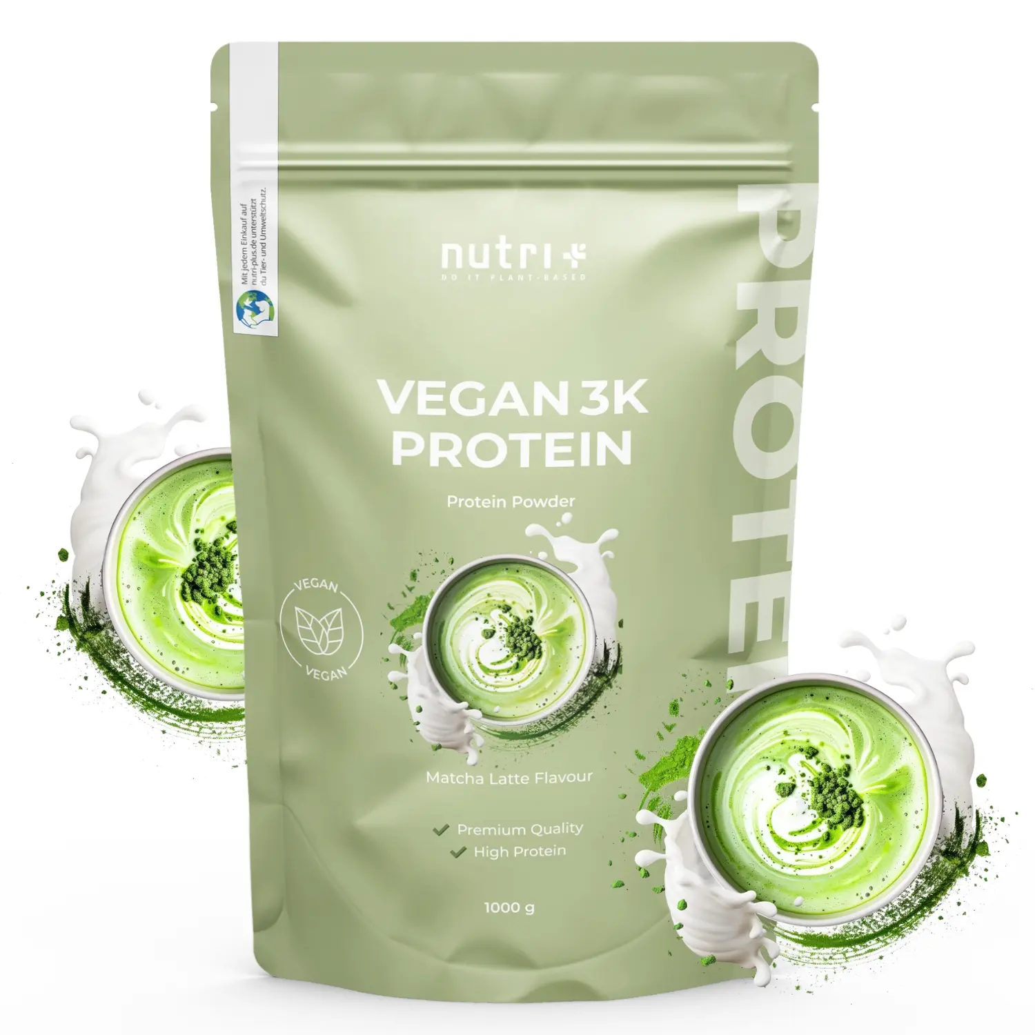 Vegan 3K Proteinpulver Matcha Latte in umweltfreundlicher Verpackung mit grünem Design und dekorativen Splashes.