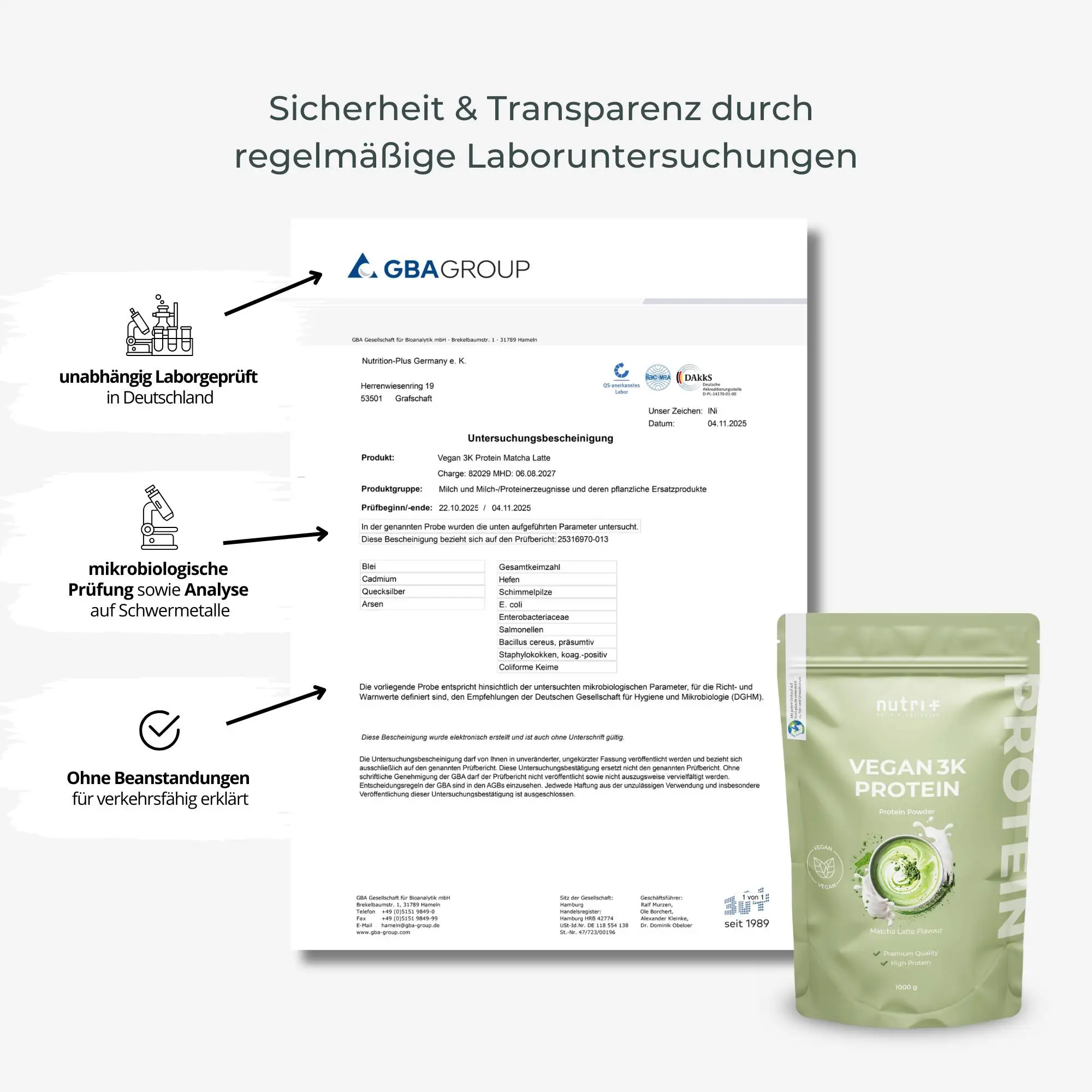 Zertifikat zur Qualitätssicherung des Vegan 3K Proteinpulvers Matcha Latte mit Labortests.
