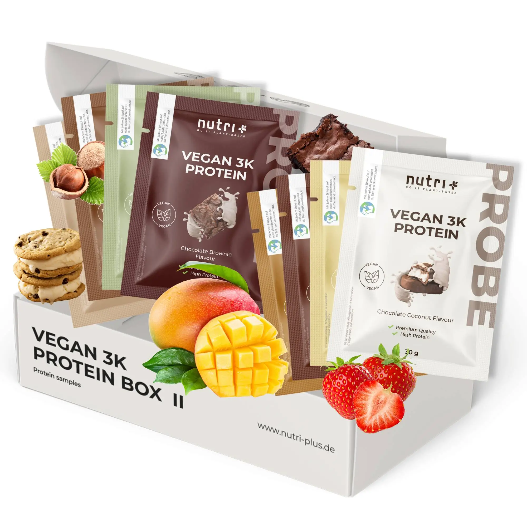 Vegan 3K Protein Box II mit verschiedenen Proteinproben und Snacks in ansprechender Verpackung.