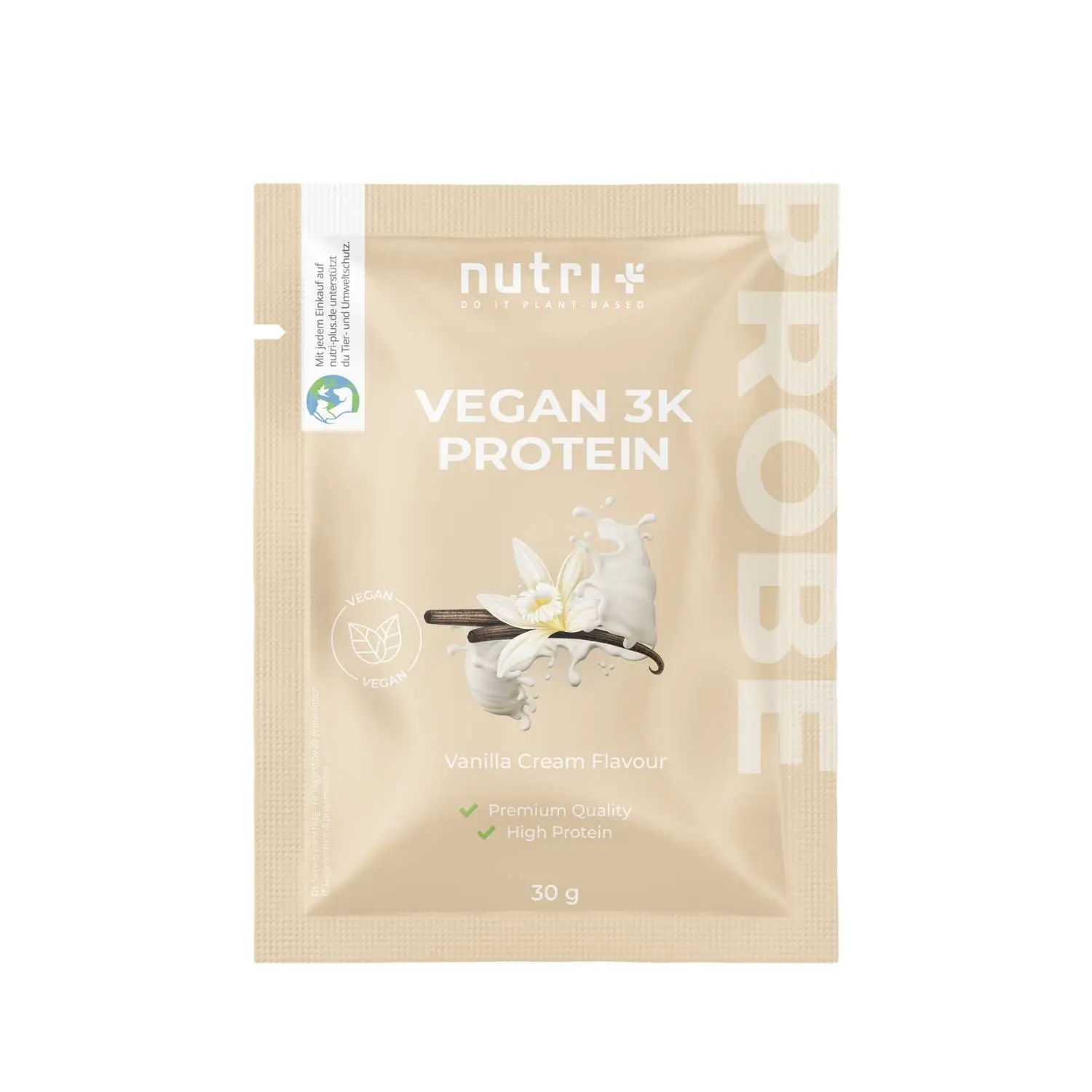 Probe des Vegan 3K Proteinpulvers in Vanille-Cream Geschmack, 30g Packung.