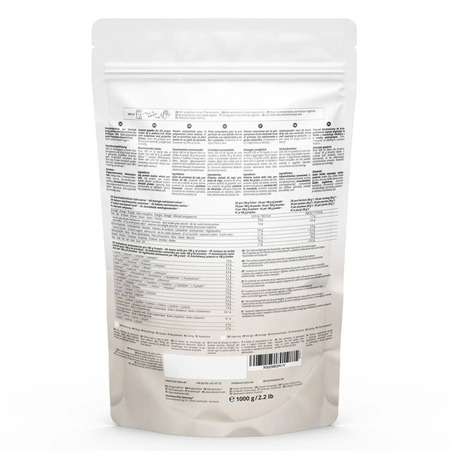 Rückansicht des Vegan 6K Proteinpulvers Pistazie in einer transparenten Verpackung mit Nährwertangaben.