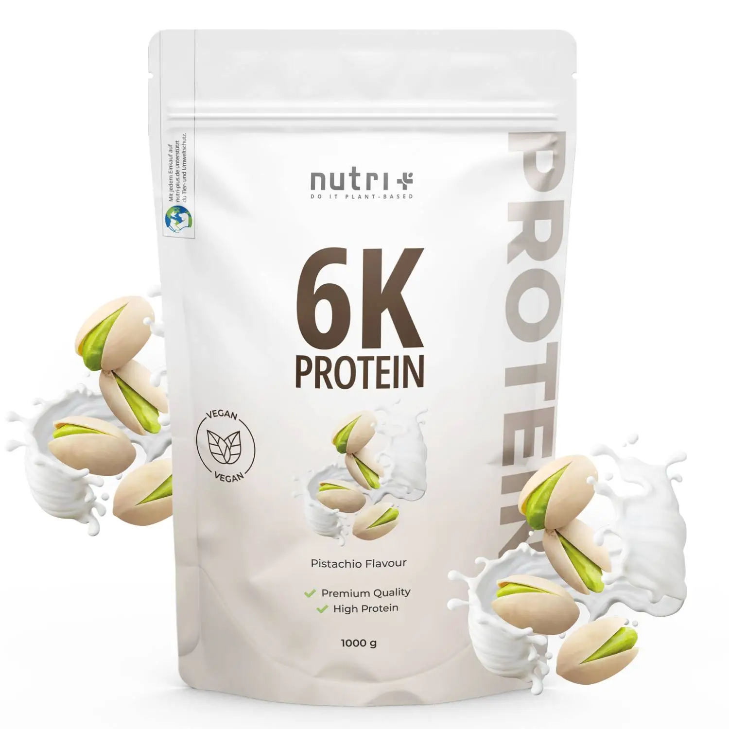 Verpackung von Vegan 6K Proteinpulver Pistazie mit Pistazien und cremiger Textur um die Tüte.