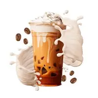 Eiskaffee mit Sahne, Kaffeebohnen und Spritzern von Milch um das Getränk.