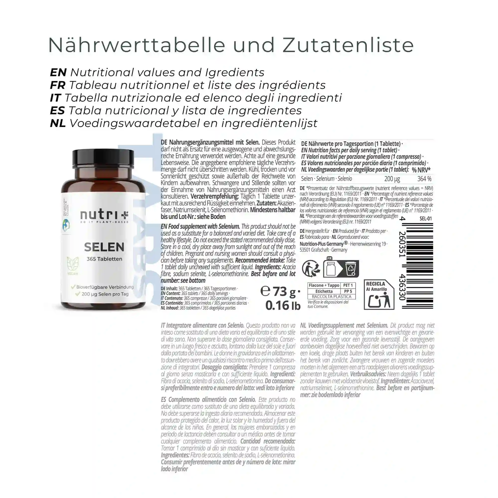 Nährwerttabelle und Zutatenliste für Selen Tabletten von Nutri+, 164 Tabletten in der Verpackung.