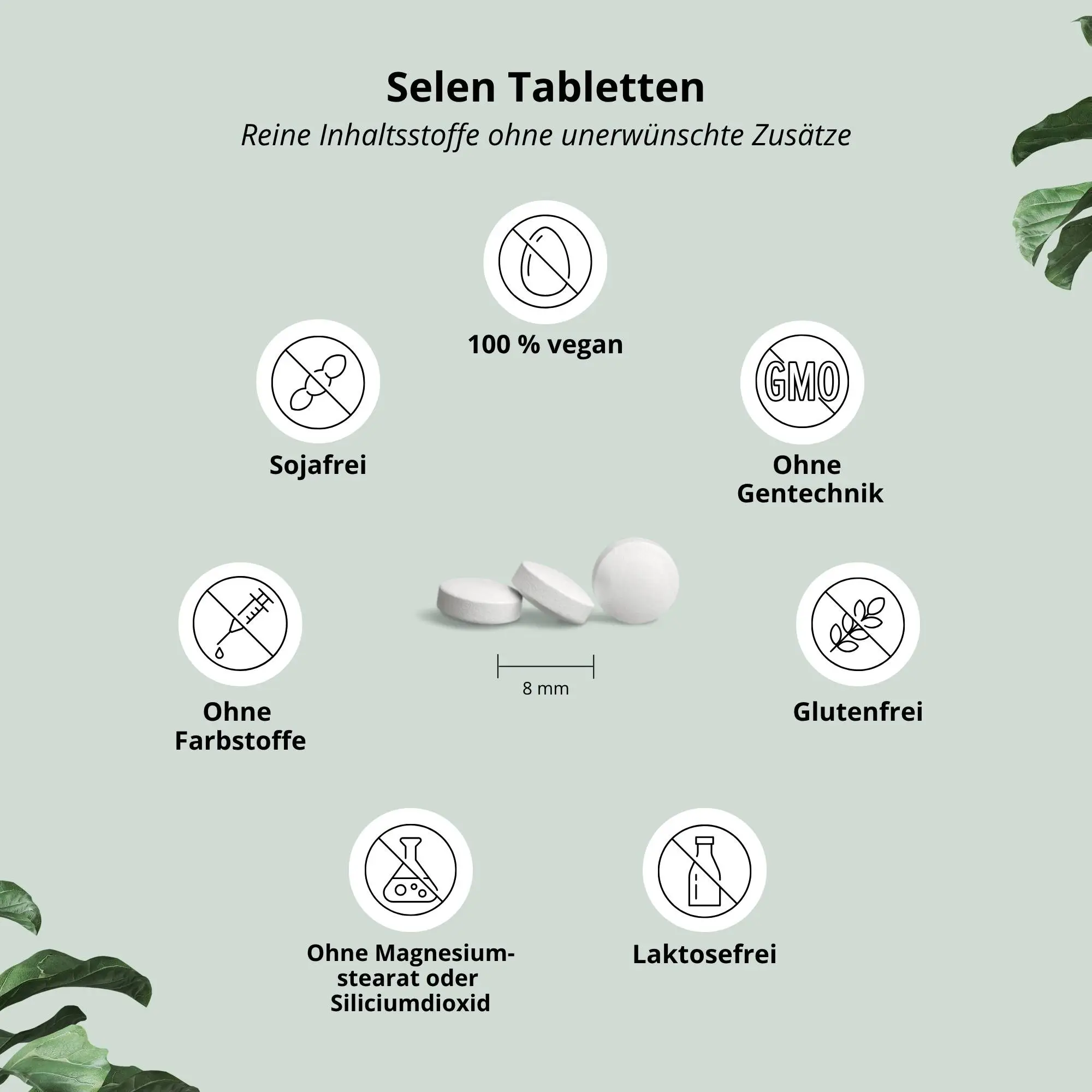Visualisierung der Selen Tabletten, vegan, ohne unerwünschte Zusätze, 100% rein, glutenfrei.