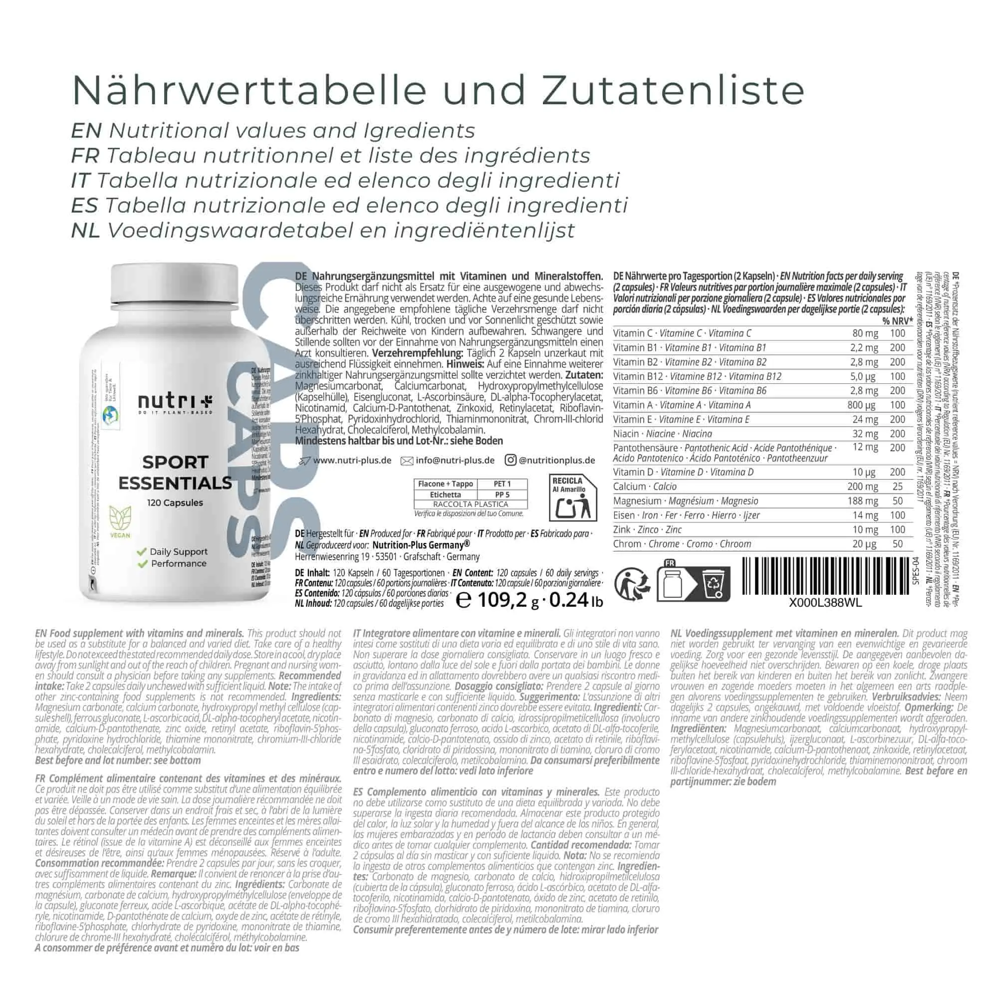 Nährwerttabelle und Zutatenliste für das Produkt Sport Essentials, Nährstoffe für Sportler.