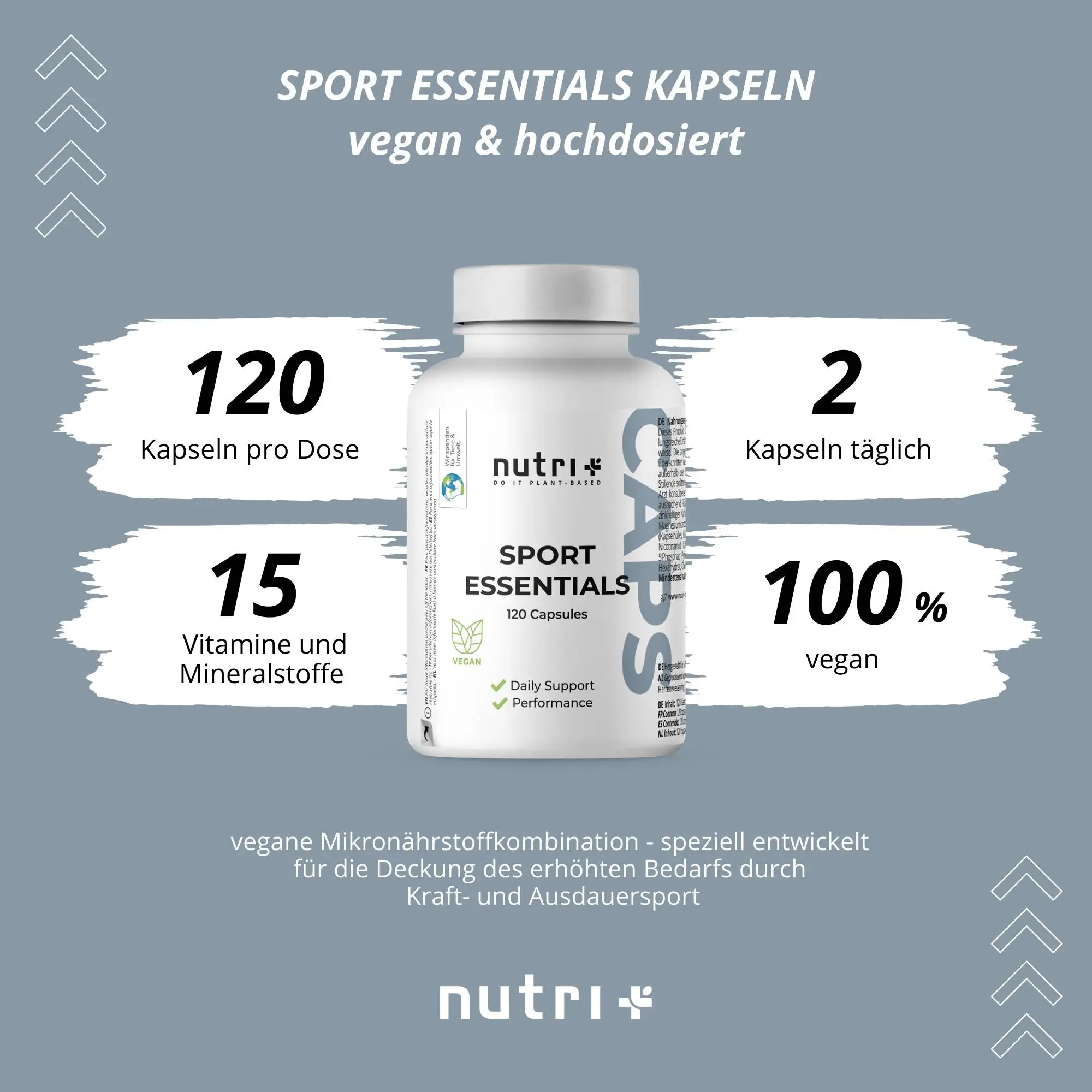 Sport Essentials Kapseln: vegan, hochdosiert, 120 Kapseln pro Dose für Sportlerleistungen und Regeneration.